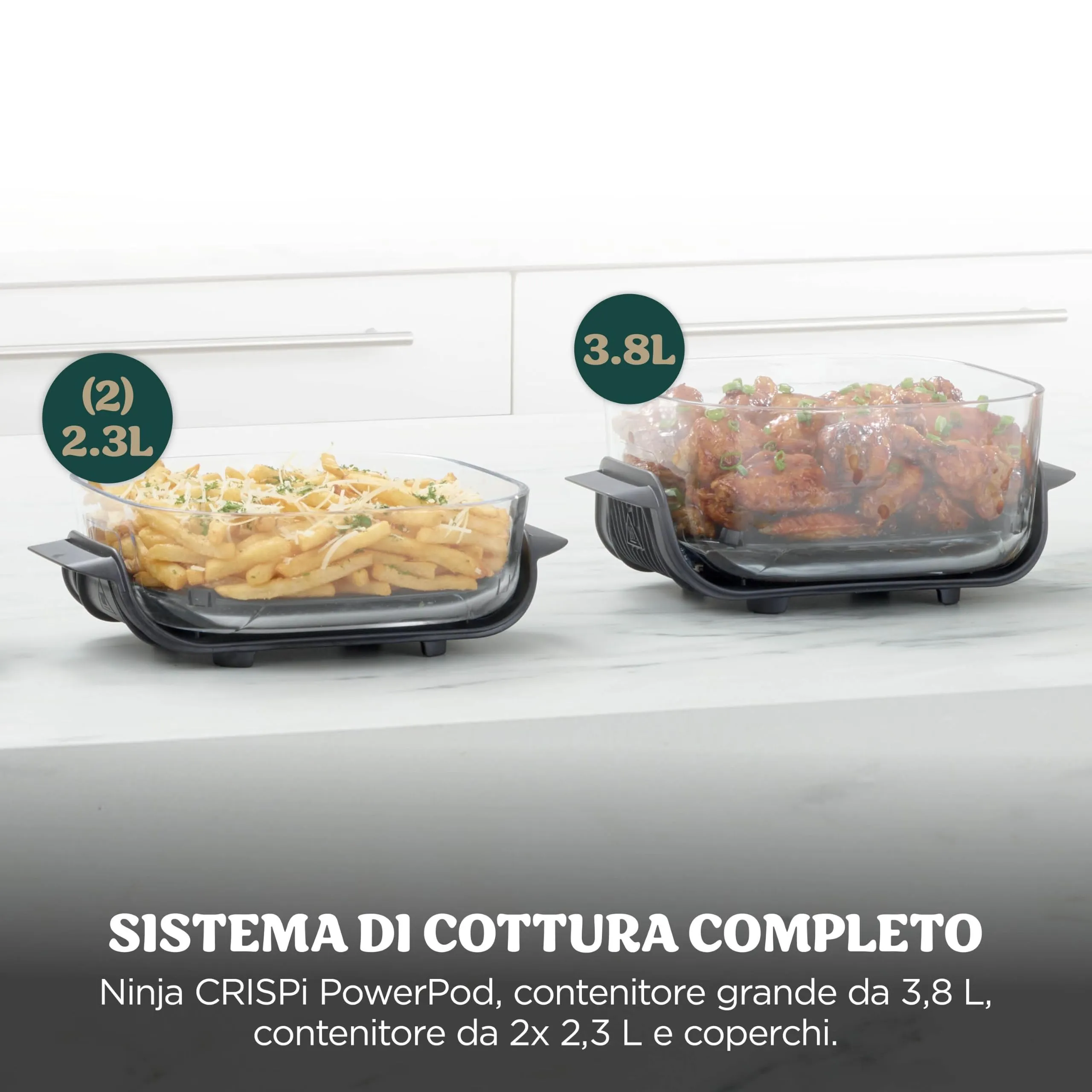 Ninja CRISPi Friggitrice ad aria, contenitore in vetro da 3,8 l, due da 2,3 l, coperchi, 4 in 1: Frittura ad aria, Cottura arrosto, Mantenimento a caldo, Recrisp, compatta, 1700 W, Oro verde FN203EU - immagine 3