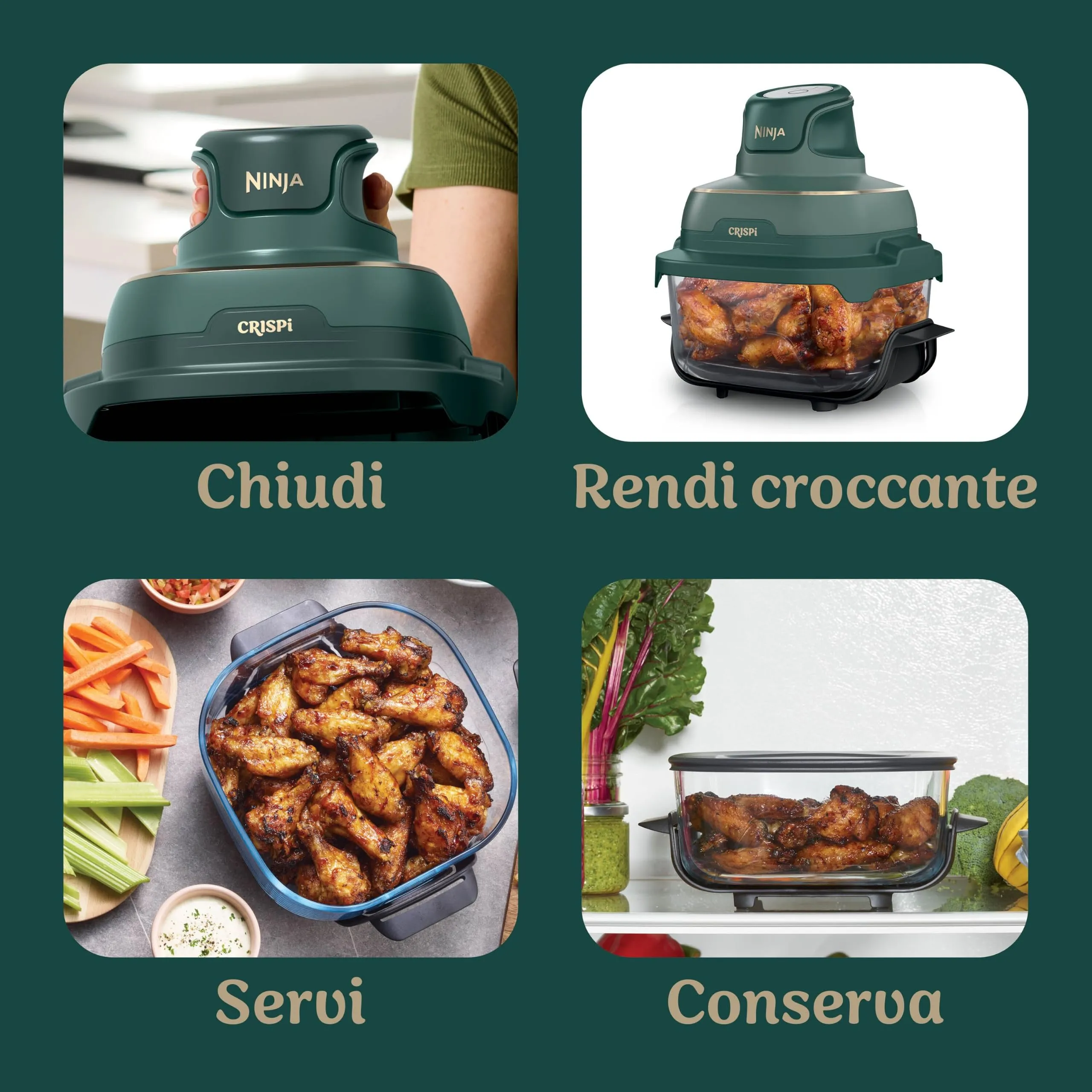 Ninja CRISPi Friggitrice ad aria, contenitore in vetro da 3,8 l, due da 2,3 l, coperchi, 4 in 1: Frittura ad aria, Cottura arrosto, Mantenimento a caldo, Recrisp, compatta, 1700 W, Oro verde FN203EU - immagine 10