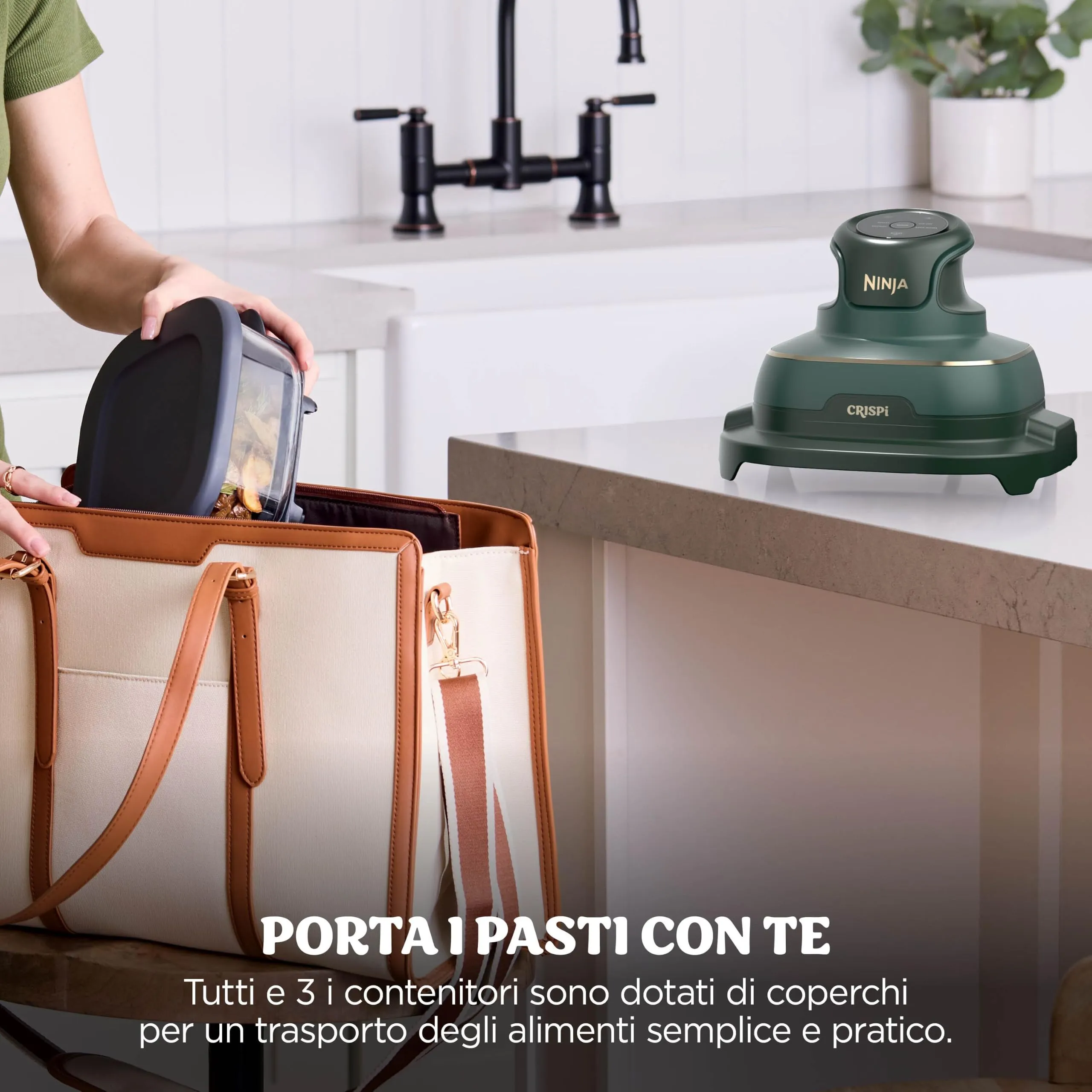 Ninja CRISPi Friggitrice ad aria, contenitore in vetro da 3,8 l, due da 2,3 l, coperchi, 4 in 1: Frittura ad aria, Cottura arrosto, Mantenimento a caldo, Recrisp, compatta, 1700 W, Oro verde FN203EU - immagine 13