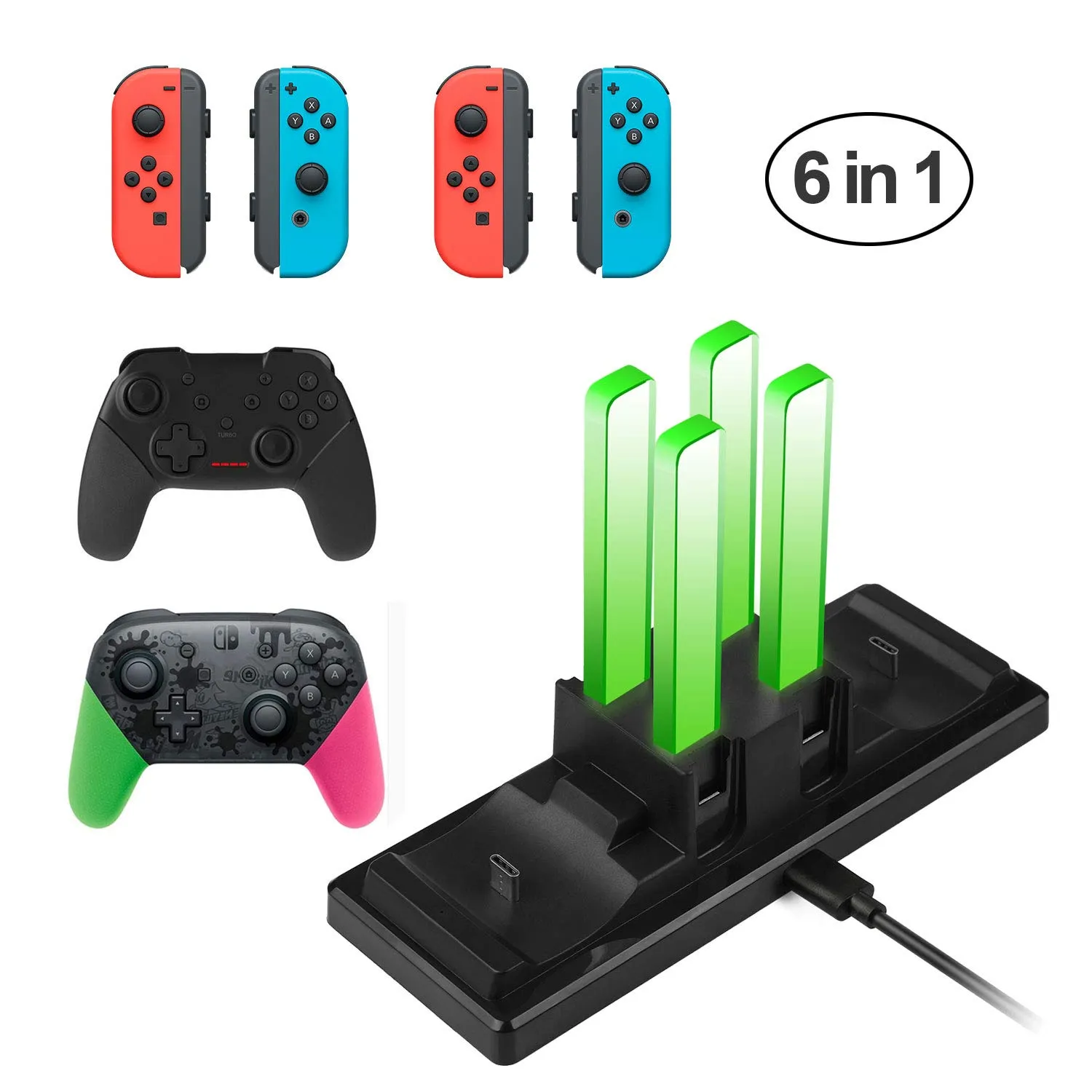 EXTSUD Stazione Ricarica per Nin-tendo Switch Joy-con e PRO Controller 6 in 1 Base Caricatore Nin-tendo Switch Controller con 4 Slots per Joy-con e Type-C USB Porta per Switch Console/Controller PRO - immagine 2