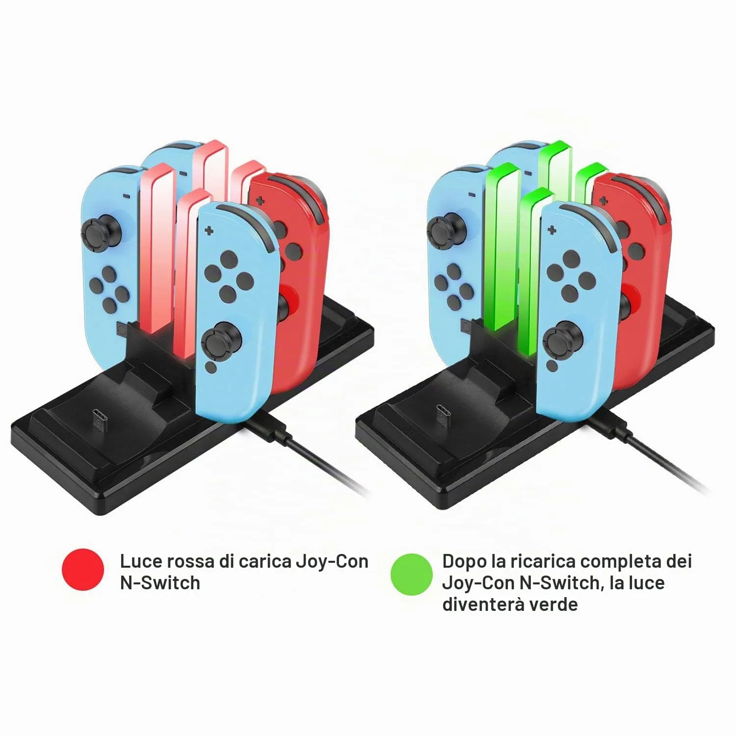 EXTSUD Stazione Ricarica per Nin-tendo Switch Joy-con e PRO Controller 6 in 1 Base Caricatore Nin-tendo Switch Controller con 4 Slots per Joy-con e Type-C USB Porta per Switch Console/Controller PRO - immagine 4