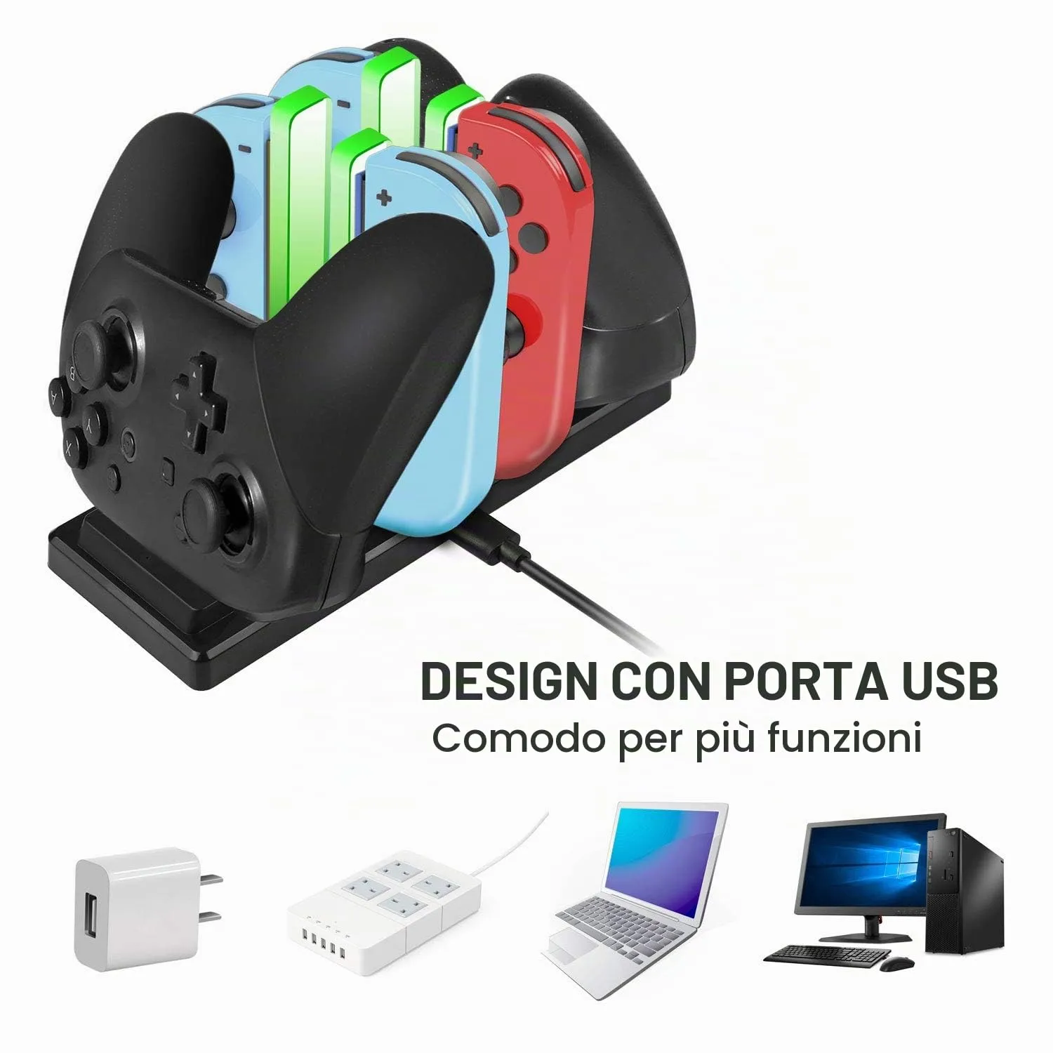 EXTSUD Stazione Ricarica per Nin-tendo Switch Joy-con e PRO Controller 6 in 1 Base Caricatore Nin-tendo Switch Controller con 4 Slots per Joy-con e Type-C USB Porta per Switch Console/Controller PRO - immagine 5