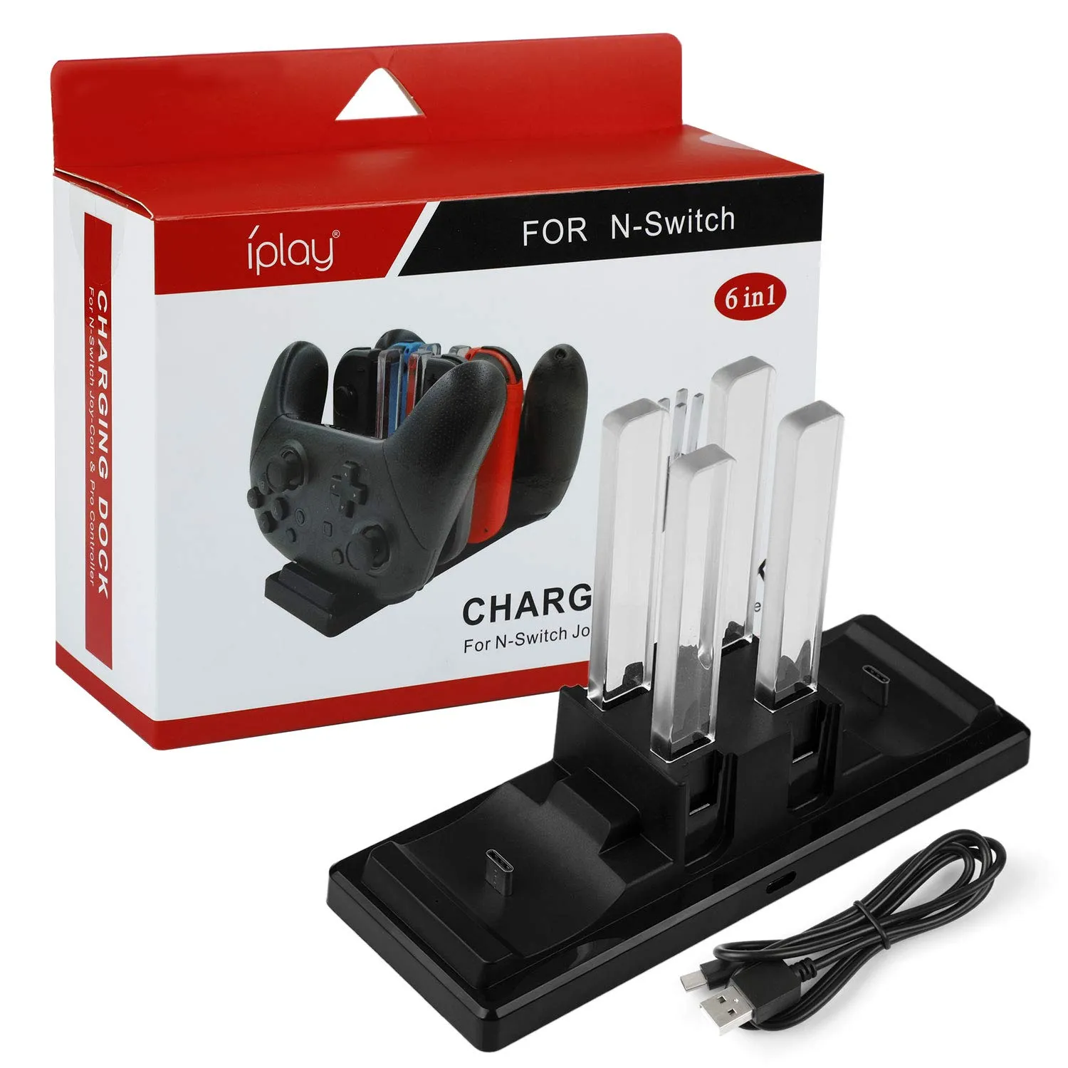EXTSUD Stazione Ricarica per Nin-tendo Switch Joy-con e PRO Controller 6 in 1 Base Caricatore Nin-tendo Switch Controller con 4 Slots per Joy-con e Type-C USB Porta per Switch Console/Controller PRO - immagine 7