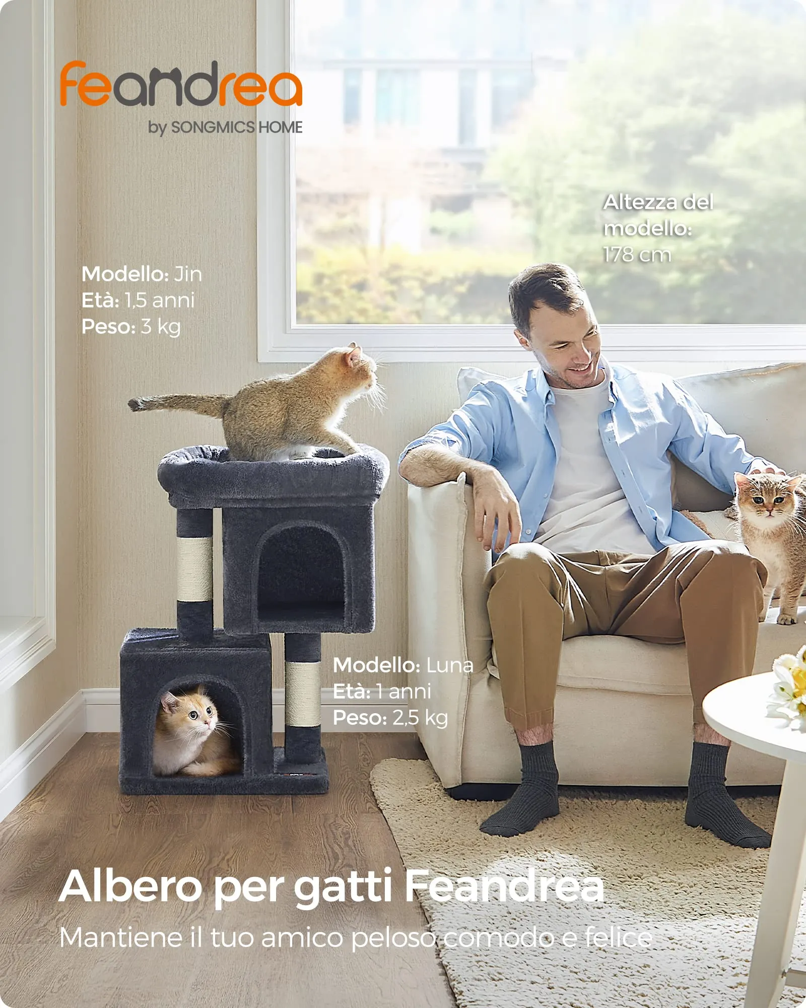 Feandrea Albero per Gatti, Tiragraffi Torre, S, 65 cm, 2 Grotte - immagine 3