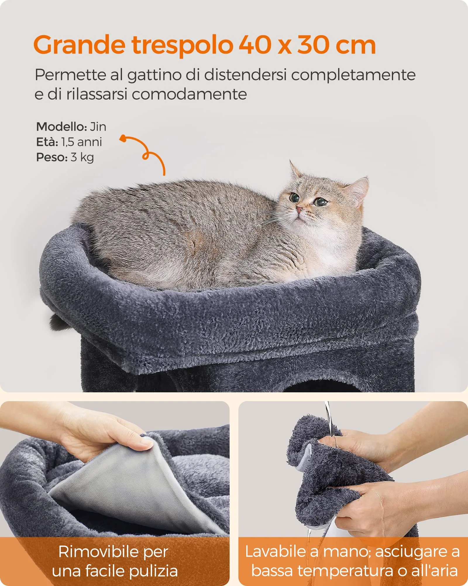 Feandrea Albero per Gatti, Tiragraffi Torre, S, 65 cm, 2 Grotte - immagine 4
