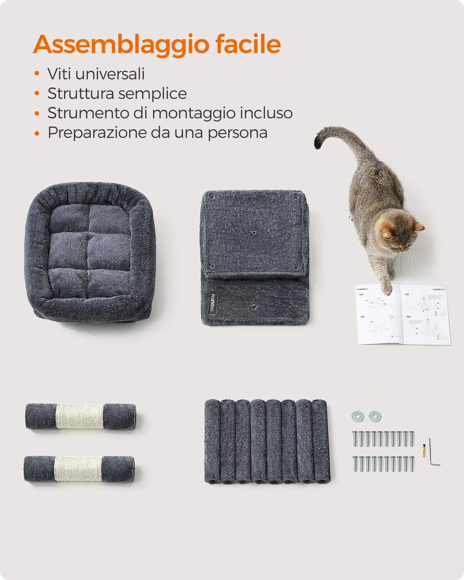 Feandrea Albero per Gatti, Tiragraffi Torre, S, 65 cm, 2 Grotte - immagine 6