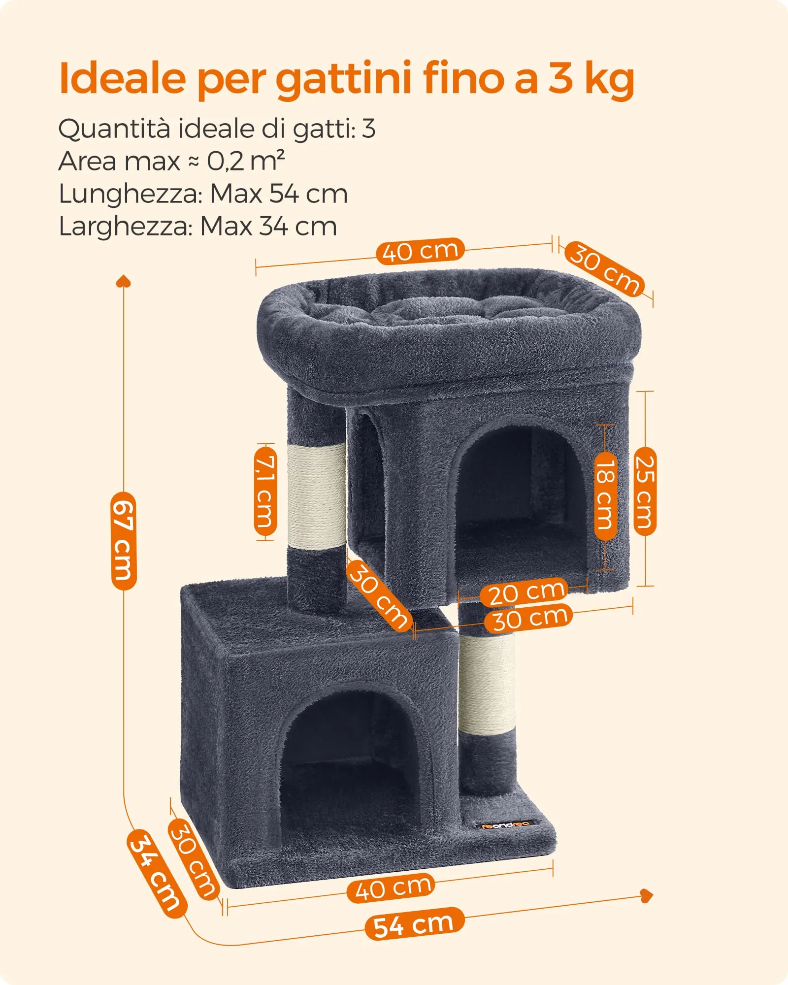 Feandrea Albero per Gatti, Tiragraffi Torre, S, 65 cm, 2 Grotte - immagine 7