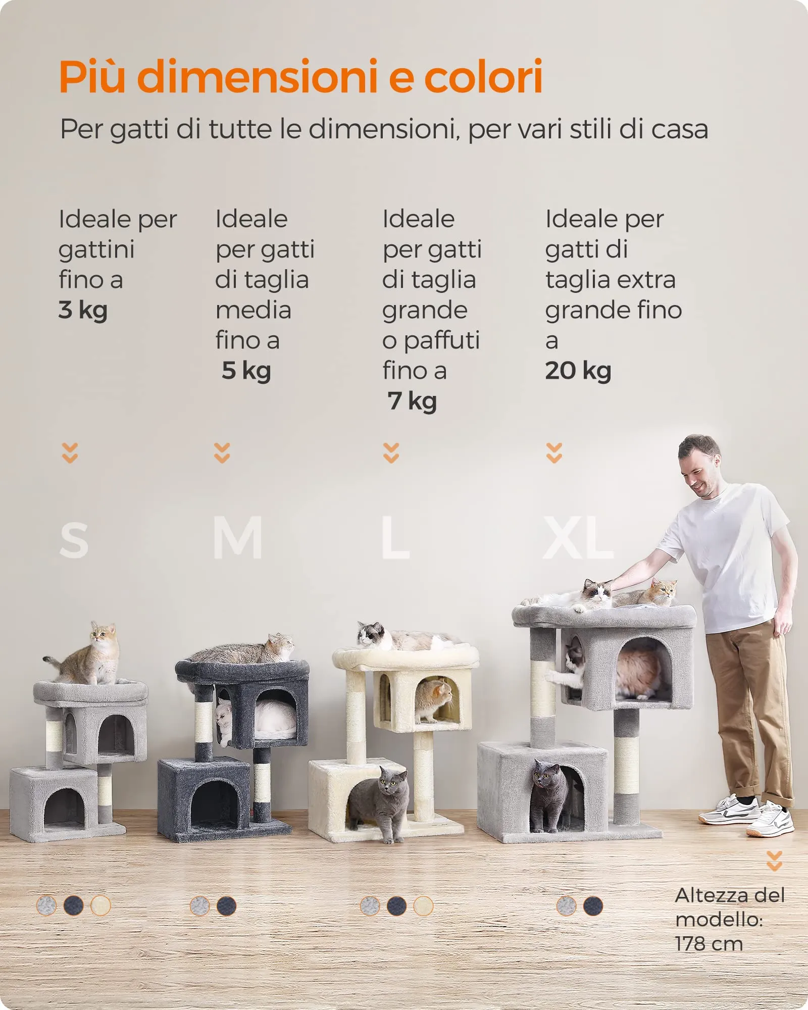 Feandrea Albero per Gatti, Tiragraffi Torre, S, 65 cm, 2 Grotte - immagine 8