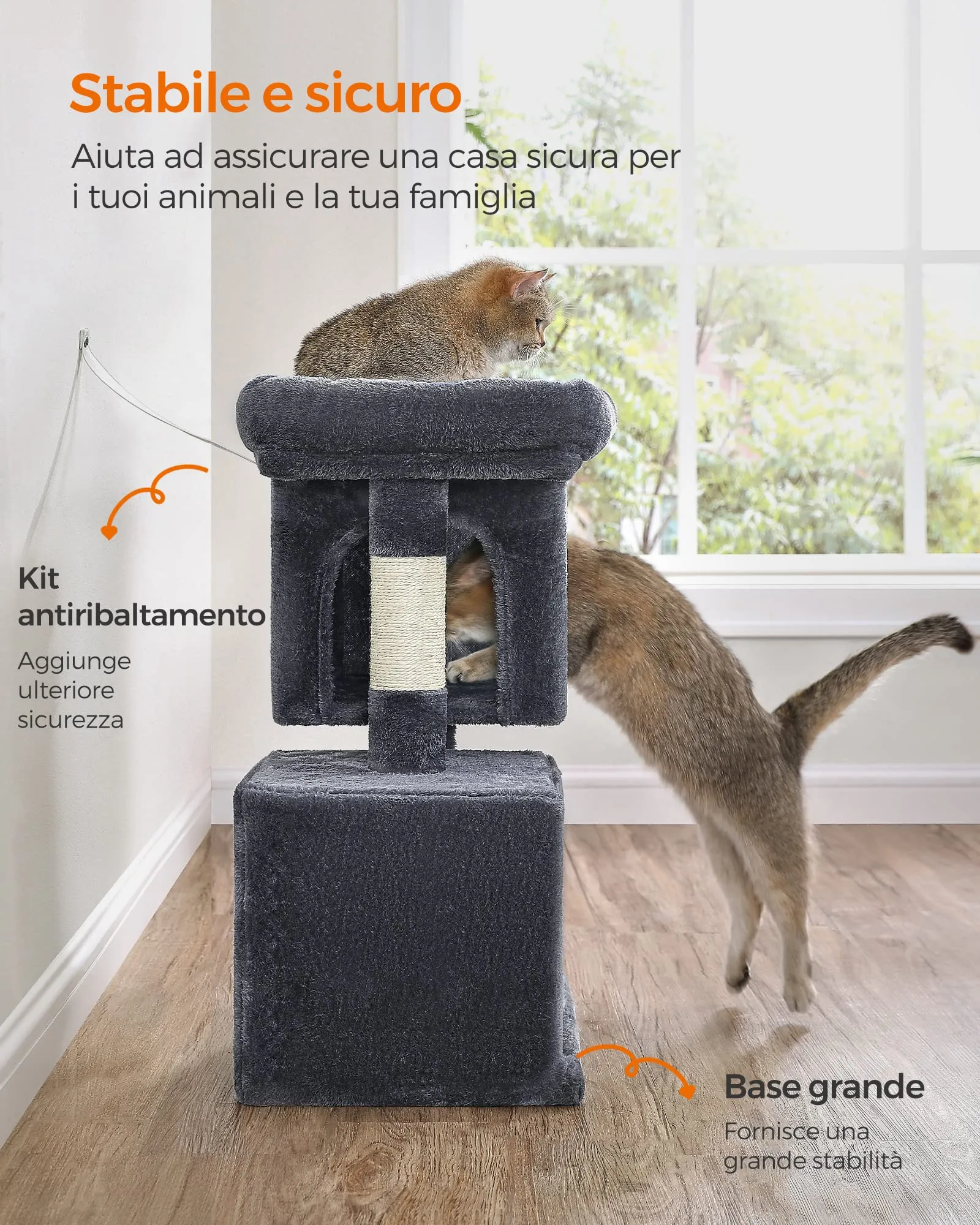 Feandrea Albero per Gatti, Tiragraffi Torre, S, 65 cm, 2 Grotte - immagine 9