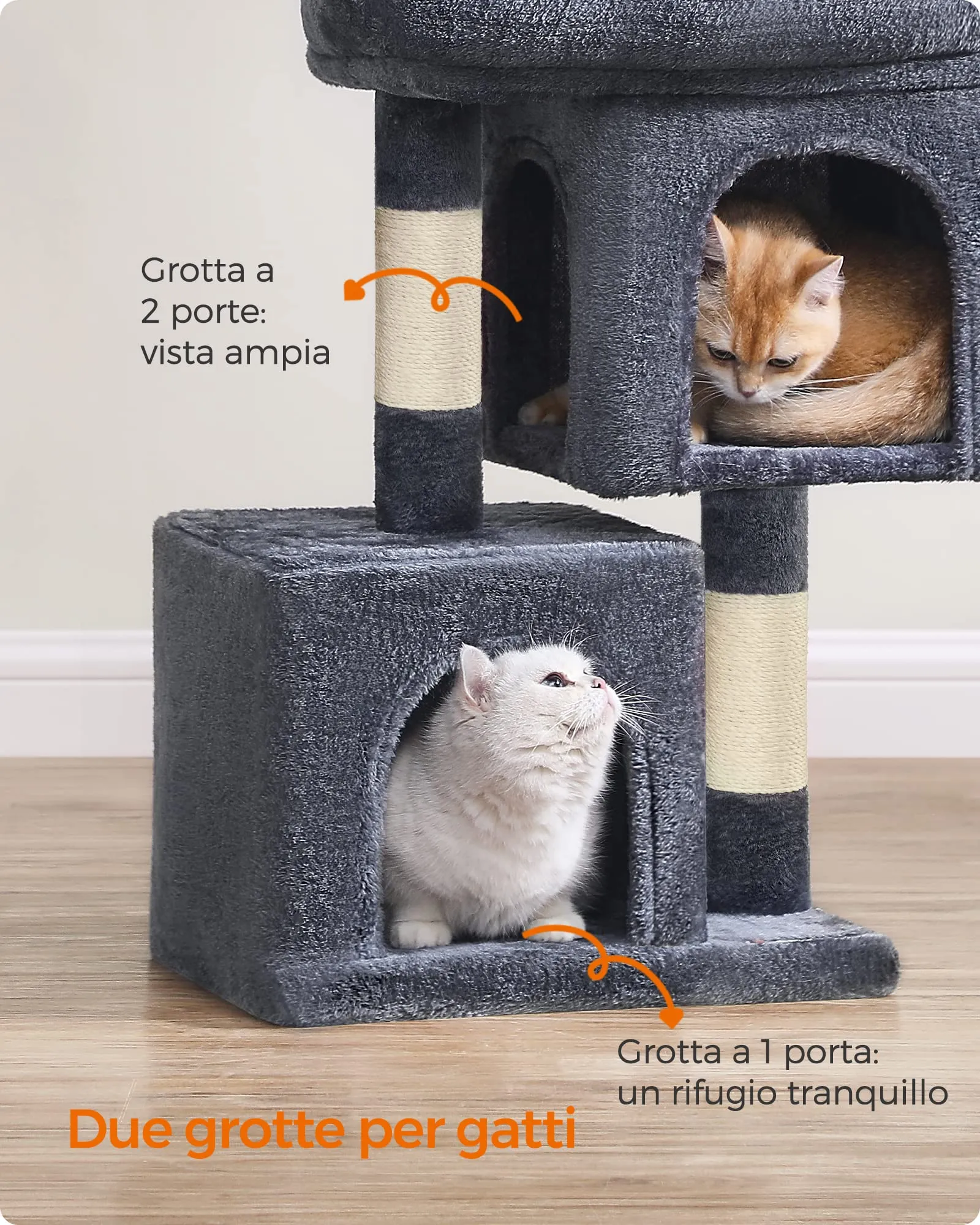 Feandrea Albero per Gatti, Tiragraffi Torre, S, 65 cm, 2 Grotte - immagine 10