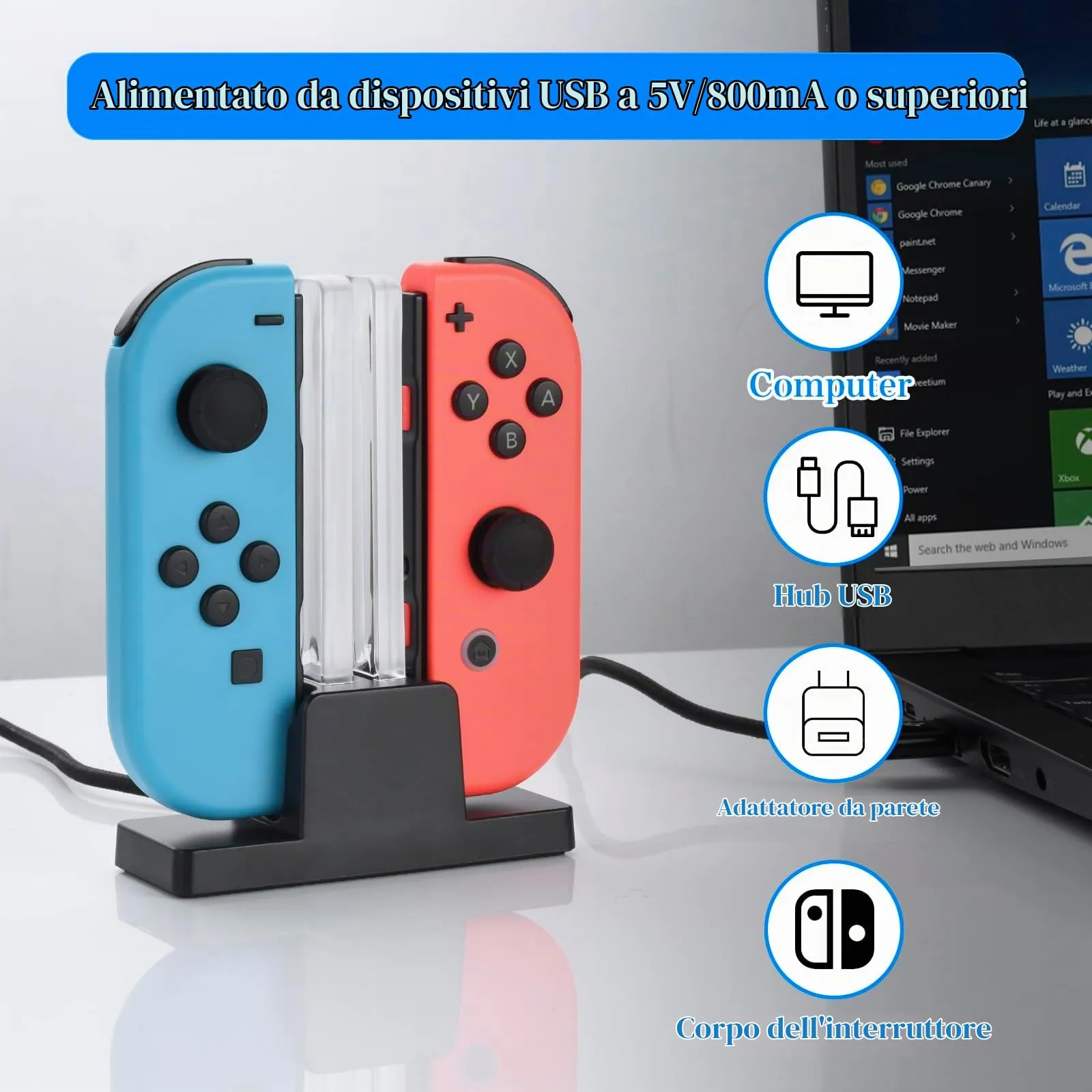 ELUTENG Stazione di Caricatore per Nintendo Switch 2 in 1 Base di Ricarica per Joycon con Indicazione LED Ricarica Veloce Caricatore per 2 Joycon Switch Caricabatterie Dock Switch con Cavo Type-C - immagine 4