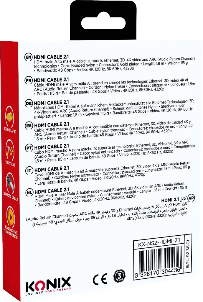Konix Cavo HDMI 2.1 per Nintendo Switch 2 - Compatibilità 4K e 8K - Nylon intrecciato - Lunghezza 1,8 m - Nero - immagine 2