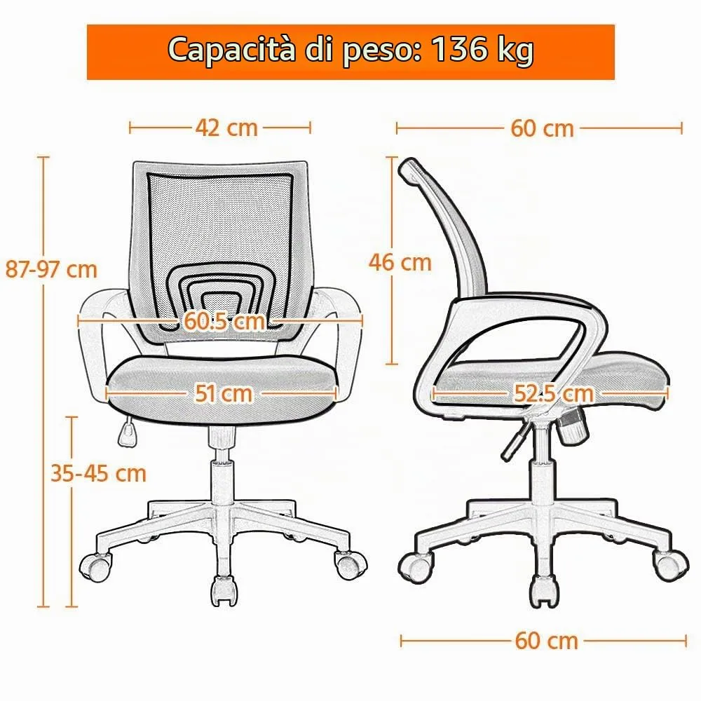 Soberine Sedia da Ufficio Scrivania con Rotelle Girevoli e Braccioli Ergonomica Lombare e con Altezza Regolabile Imbottita e Rete Traspirante Portata 136 kg Blu - immagine 3
