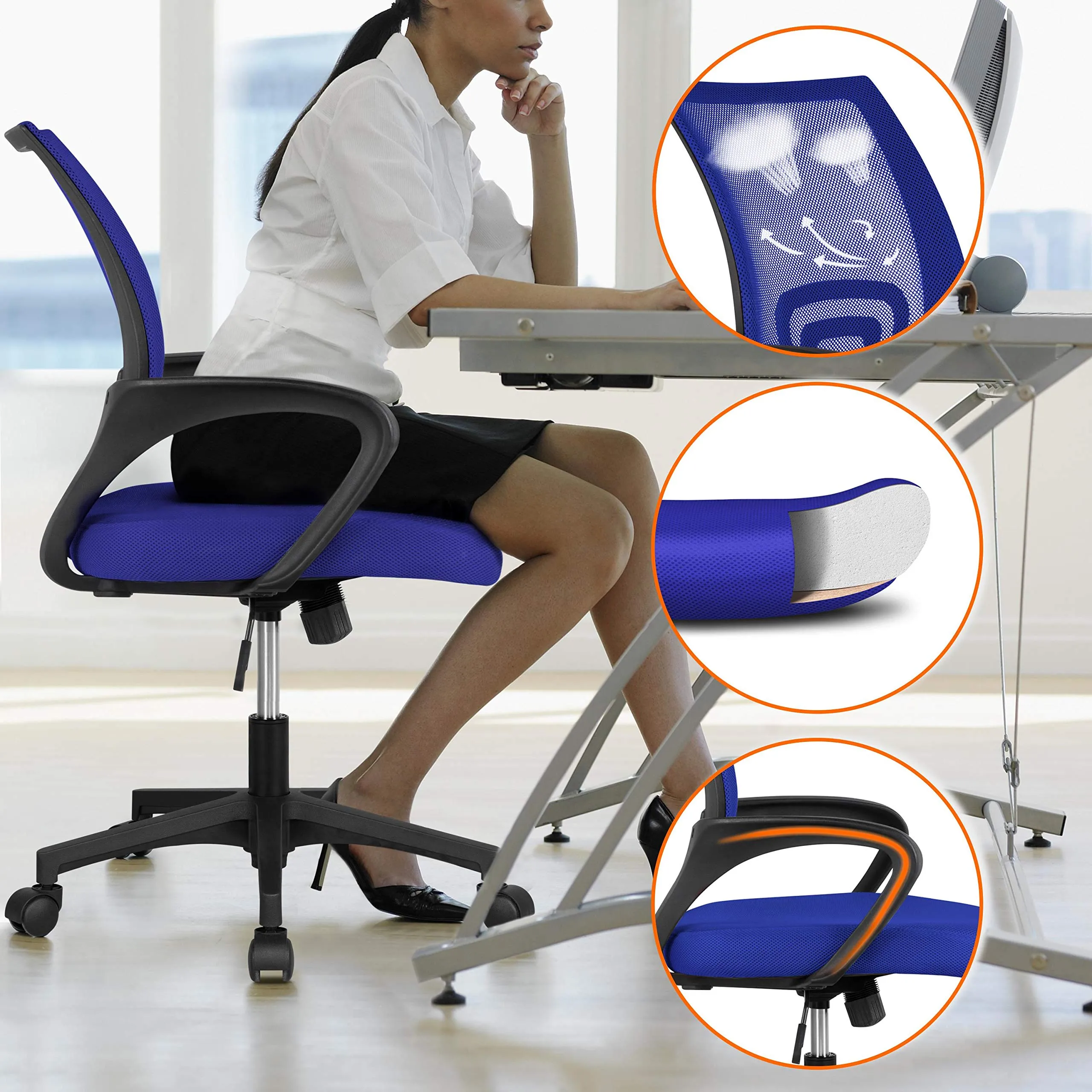 Soberine Sedia da Ufficio Scrivania con Rotelle Girevoli e Braccioli Ergonomica Lombare e con Altezza Regolabile Imbottita e Rete Traspirante Portata 136 kg Blu - immagine 4