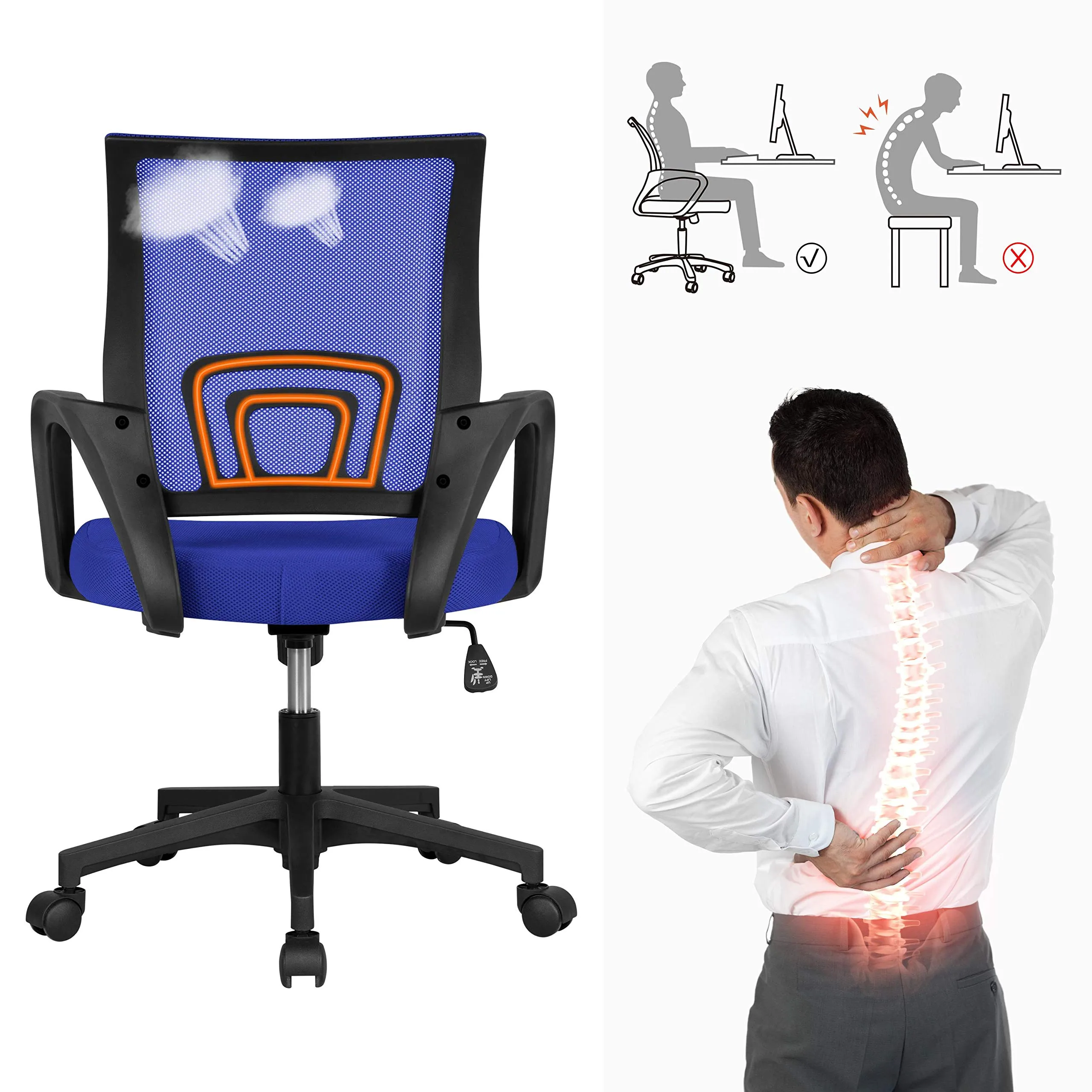 Soberine Sedia da Ufficio Scrivania con Rotelle Girevoli e Braccioli Ergonomica Lombare e con Altezza Regolabile Imbottita e Rete Traspirante Portata 136 kg Blu - immagine 5
