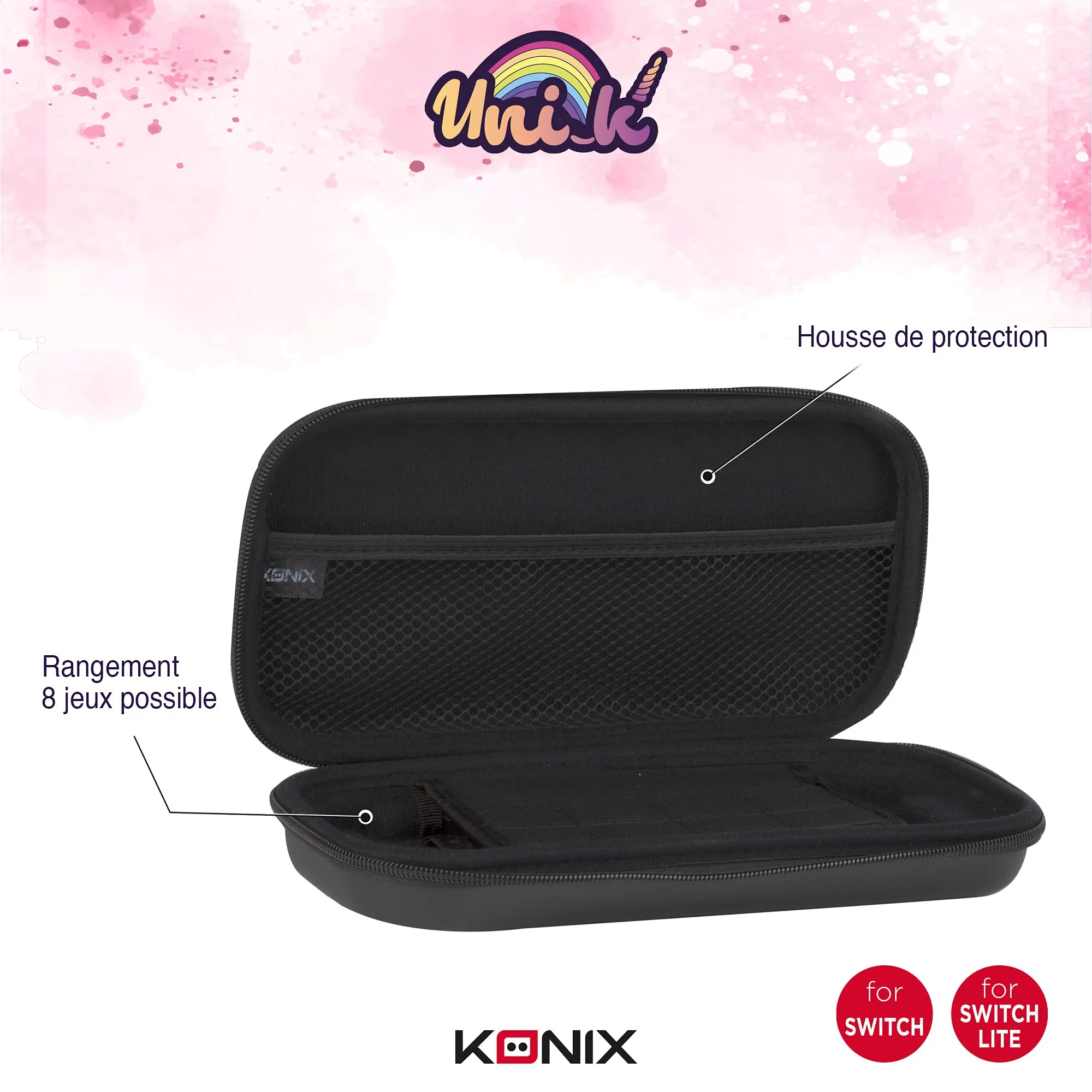 Konix Unik Custodia di protezione e trasporto - Nintendo Switch, Switch Lite e Switch OLED - Alloggio 8 giochi - Design Be Love, unicorni - immagine 3