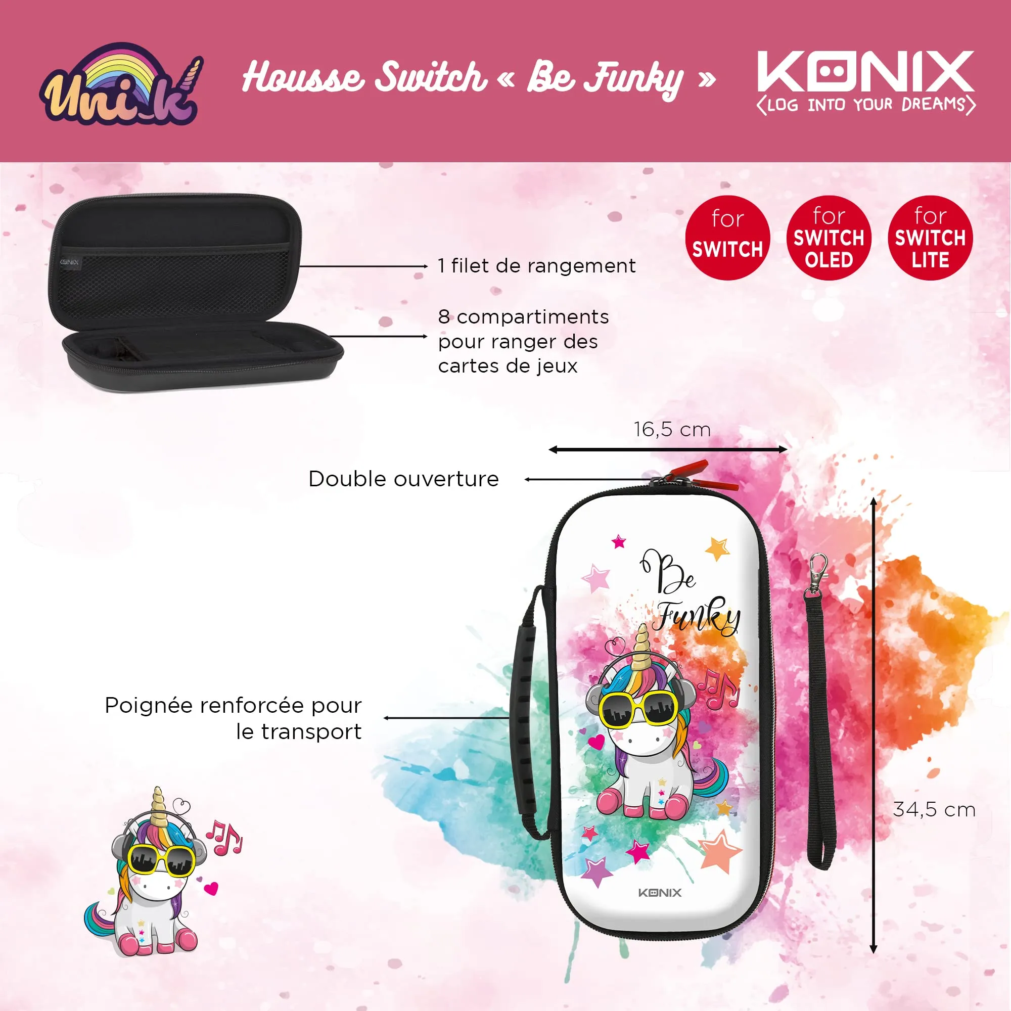Konix Custodia di protezione e trasporto per Nintendo Switch, Switch Lite e Switch OLED - Alloggio 8 giochi - Design Be Funky, unicorno - immagine 5