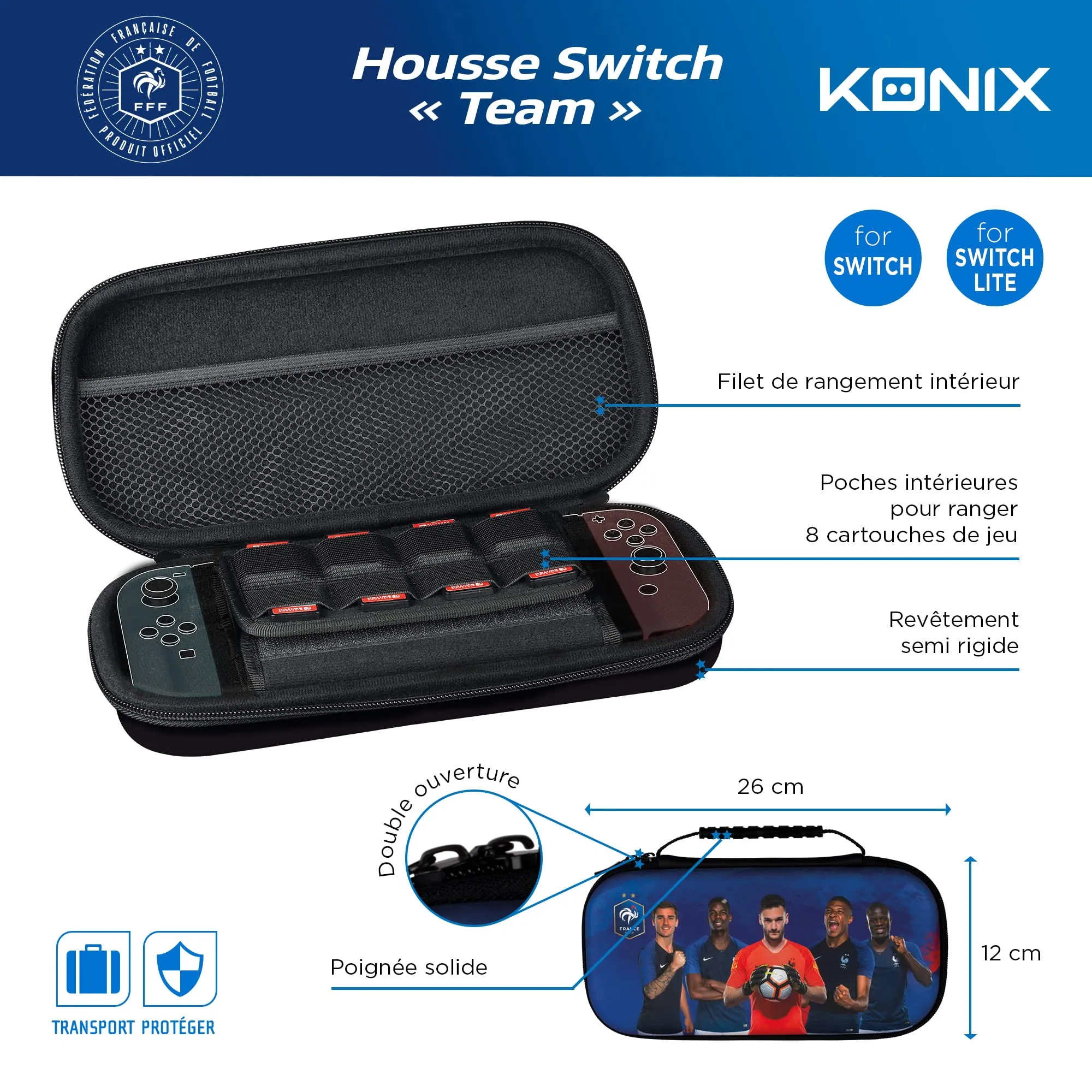 Konix FFF Custodia di protezione e trasporto Nintendo Switch, Switch Lite e Switch OLED - Alloggio 8 giochi - Design squadra di calcio della Francia - immagine 2