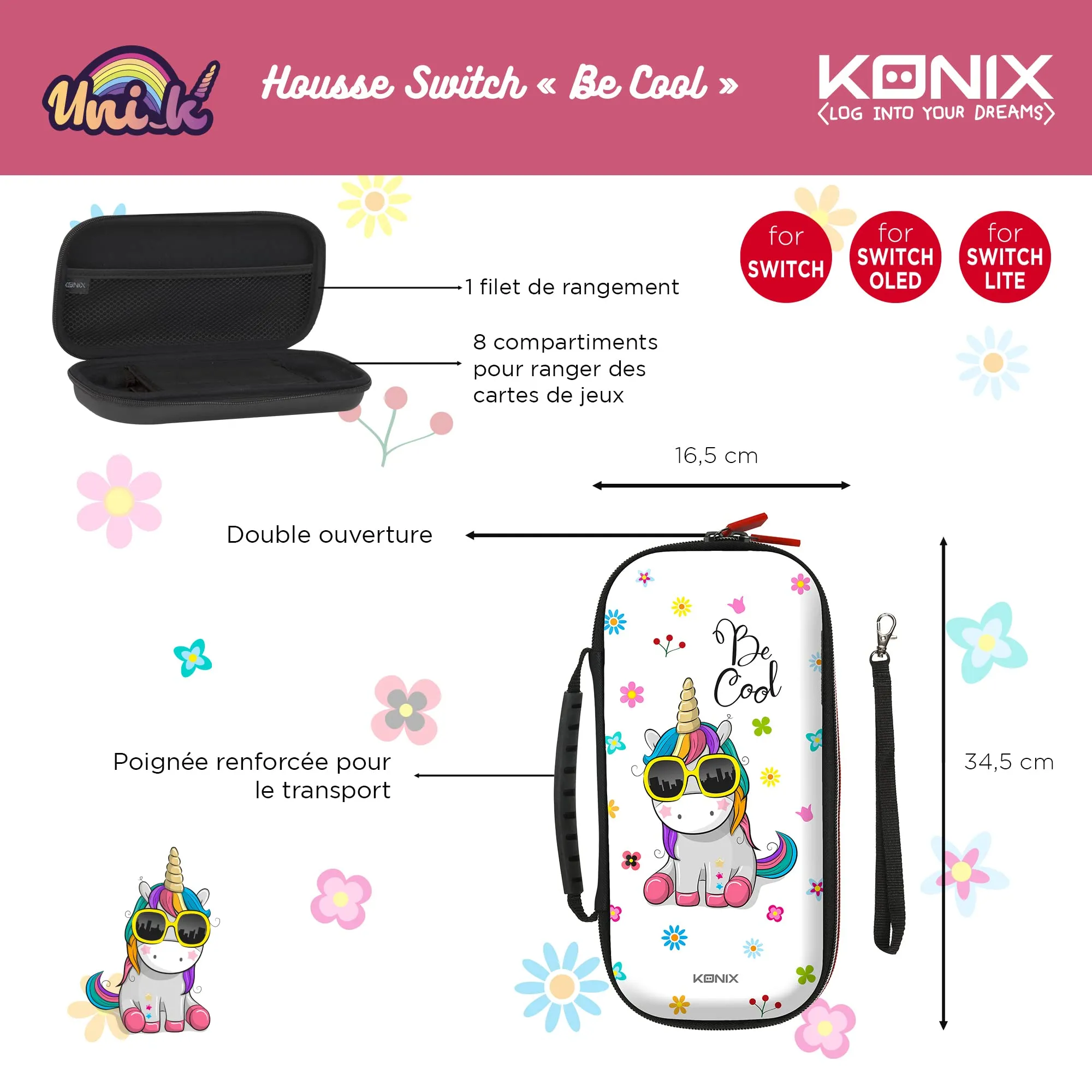 Konix Unik Custodia di protezione e trasporto per Nintendo Switch, Switch Lite e Switch OLED - Alloggio 8 giochi - Design Be Cool, unicorno - immagine 4