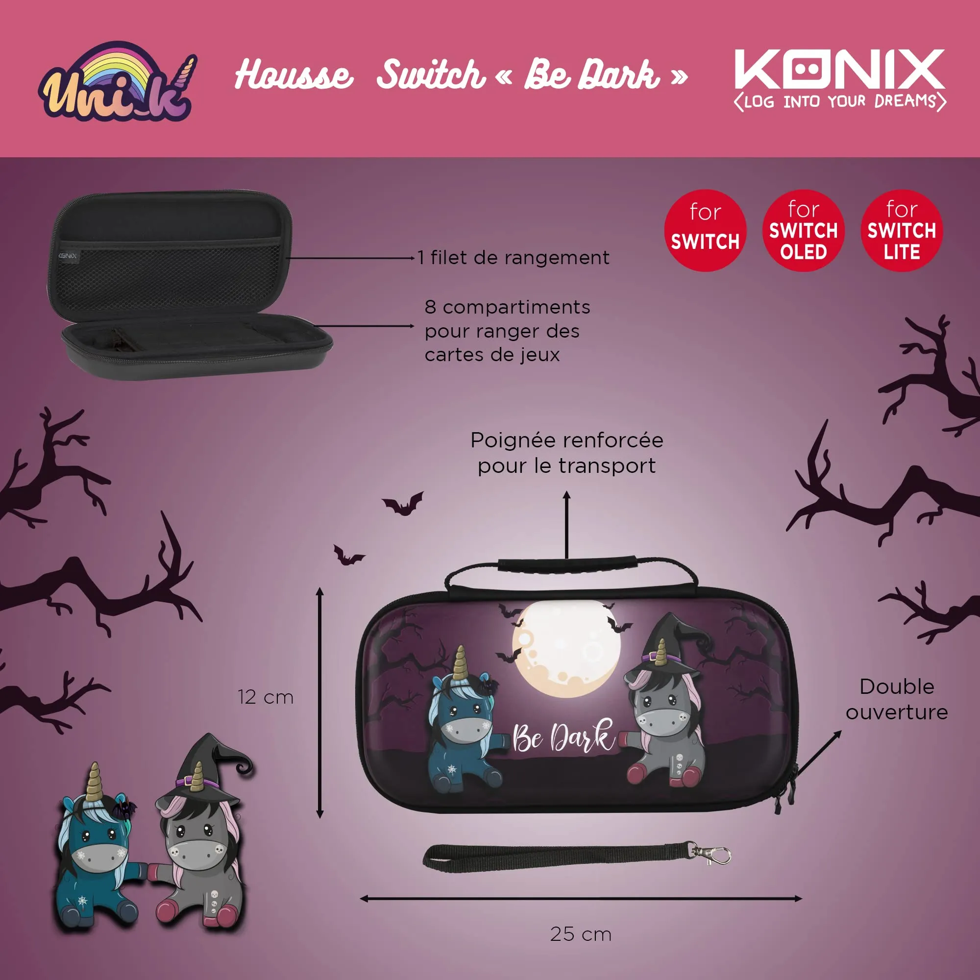 Konix Unik Custodia di protezione e trasporto per Nintendo Switch, Switch Lite e Switch OLED - Alloggio 8 giochi - Design Be Dark, unicorni - immagine 4