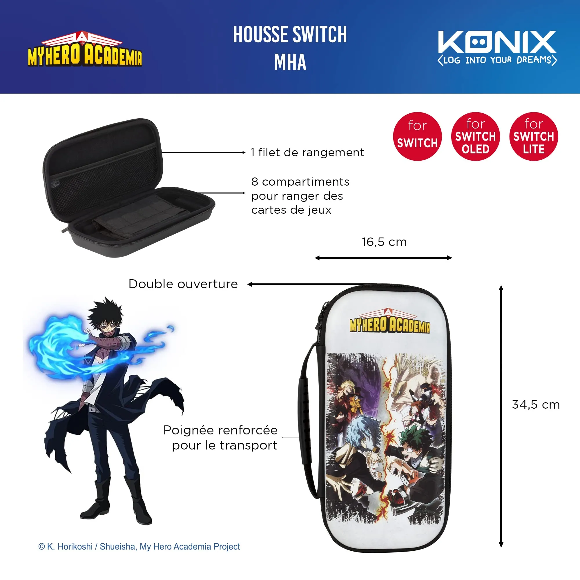 Konix My Hero Academia Custodia di protezione e trasporto Nintendo Switch, Switch Lite e Switch OLED - 8 giochi - Design My Hero Academia - Bianco - immagine 3