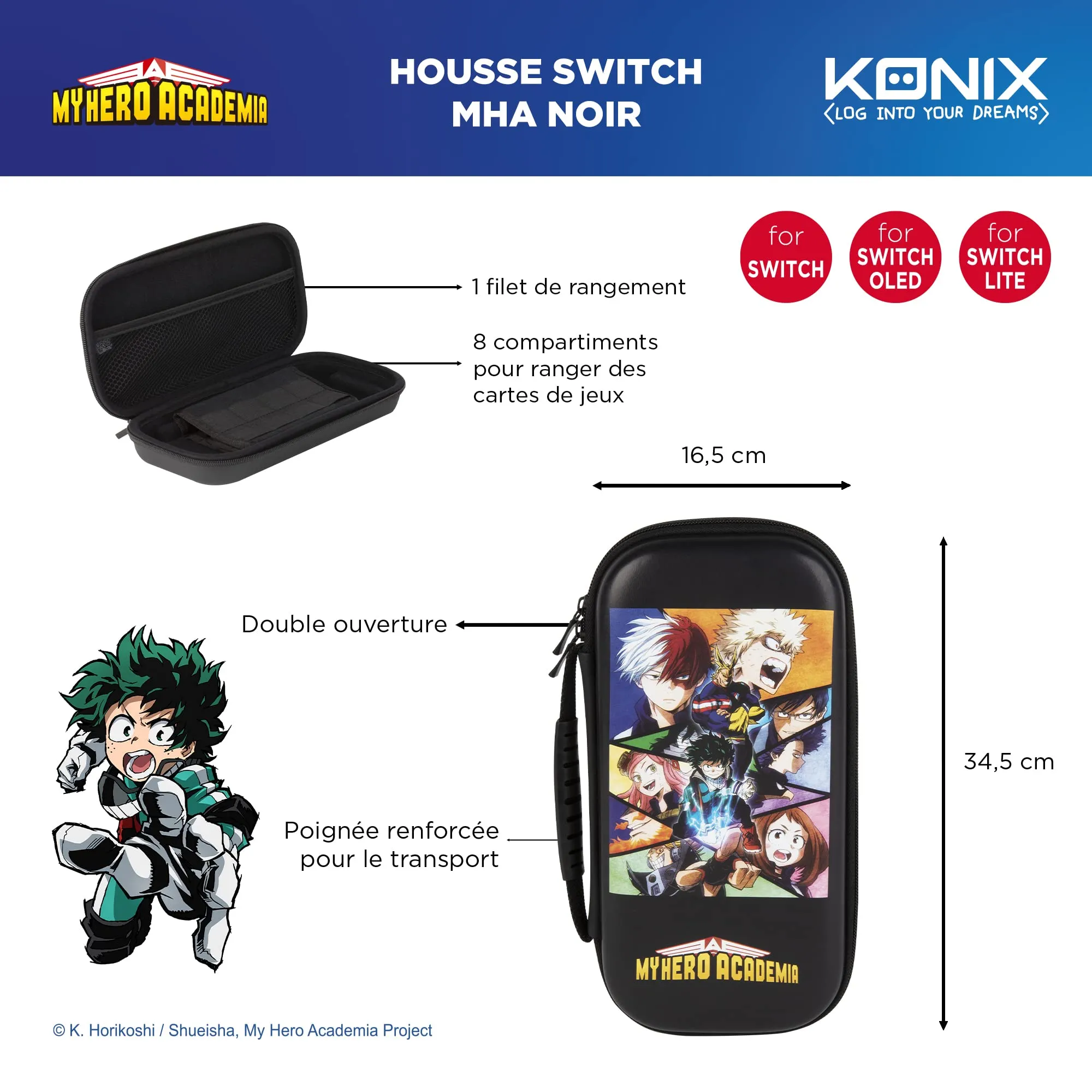 Konix My Hero Academia Custodia di protezione e trasporto Nintendo Switch, Switch Lite e Switch OLED - 8 giochi - Design My Hero Academia - Nero - immagine 3