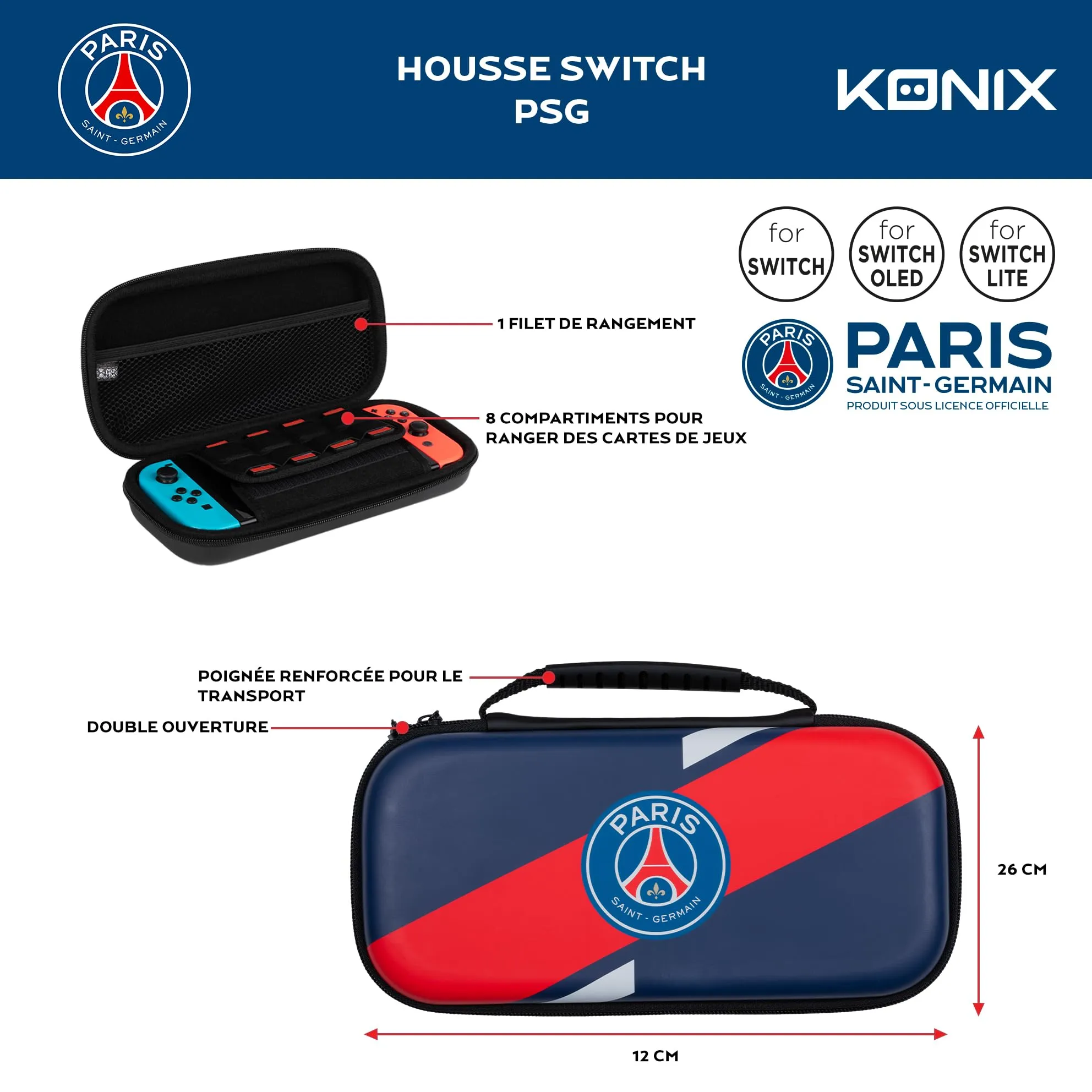 Konix PSG Custodia di protezione e trasporto per Nintendo Switch, Switch Lite e Switch OLED - Alloggio 8 giochi - Blu navy e rosso - immagine 4