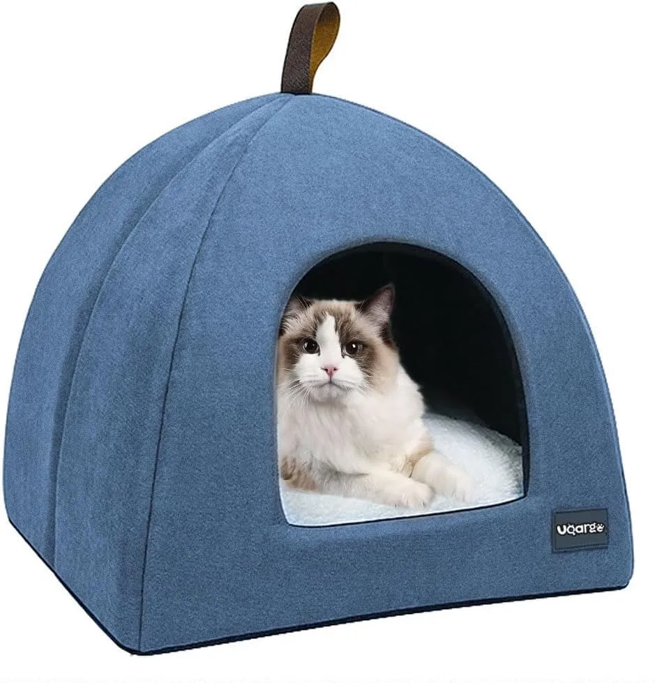 Voarge Letto Grotta per Gatto, Morbido Peluche Caldo, Nido con Cuscino Interno Rimovibile e Lavabile, Blu, Medium - immagine 1