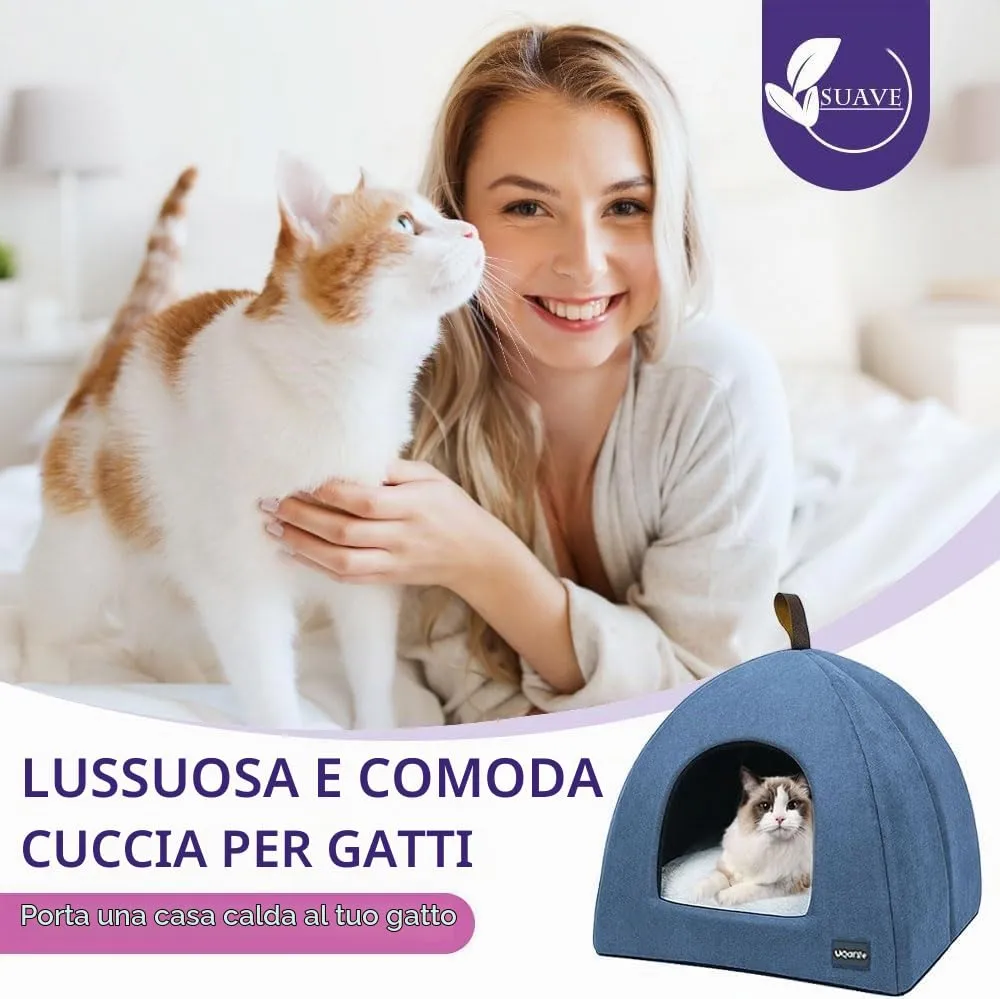 Voarge Letto Grotta per Gatto, Morbido Peluche Caldo, Nido con Cuscino Interno Rimovibile e Lavabile, Blu, Medium - immagine 3