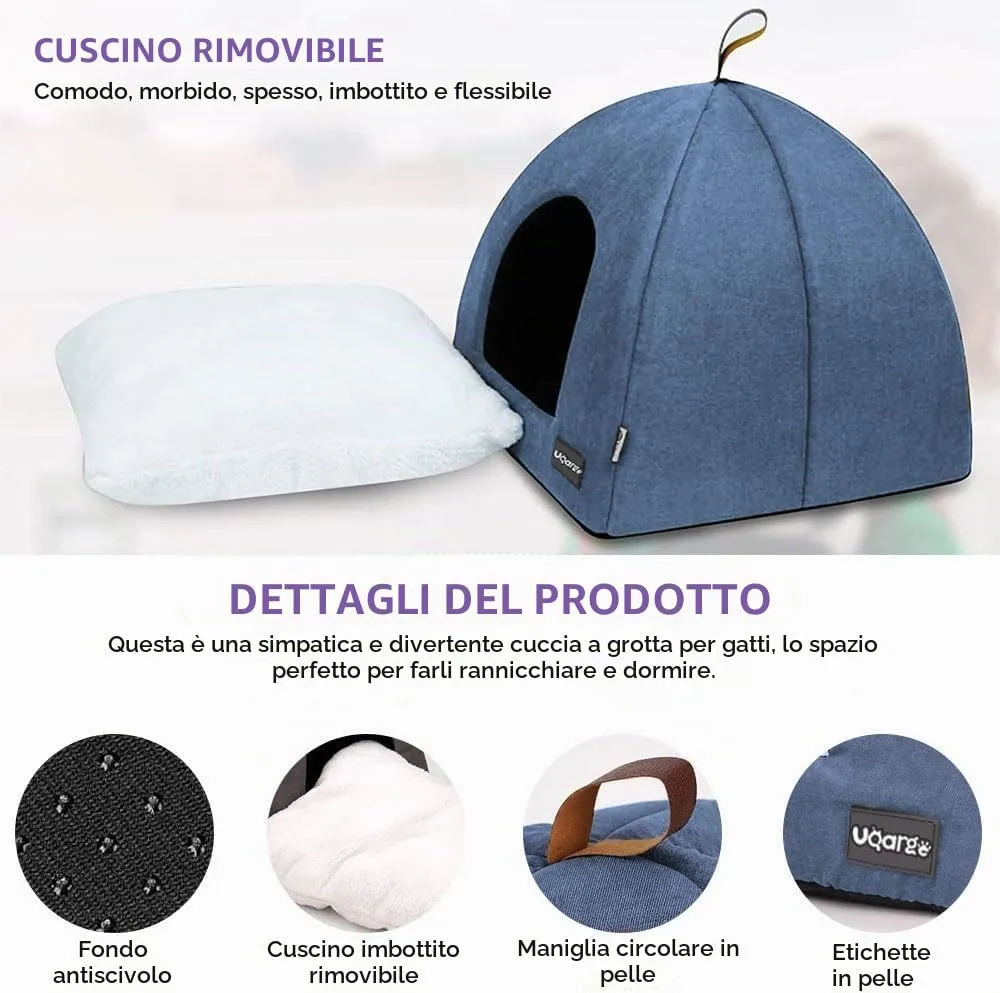 Voarge Letto Grotta per Gatto, Morbido Peluche Caldo, Nido con Cuscino Interno Rimovibile e Lavabile, Blu, Medium - immagine 5