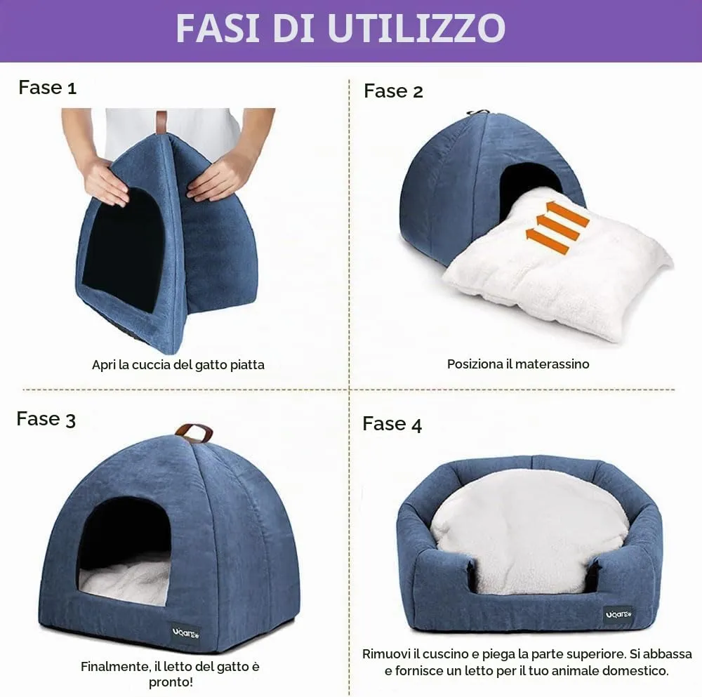 Voarge Letto Grotta per Gatto, Morbido Peluche Caldo, Nido con Cuscino Interno Rimovibile e Lavabile, Blu, Medium - immagine 6
