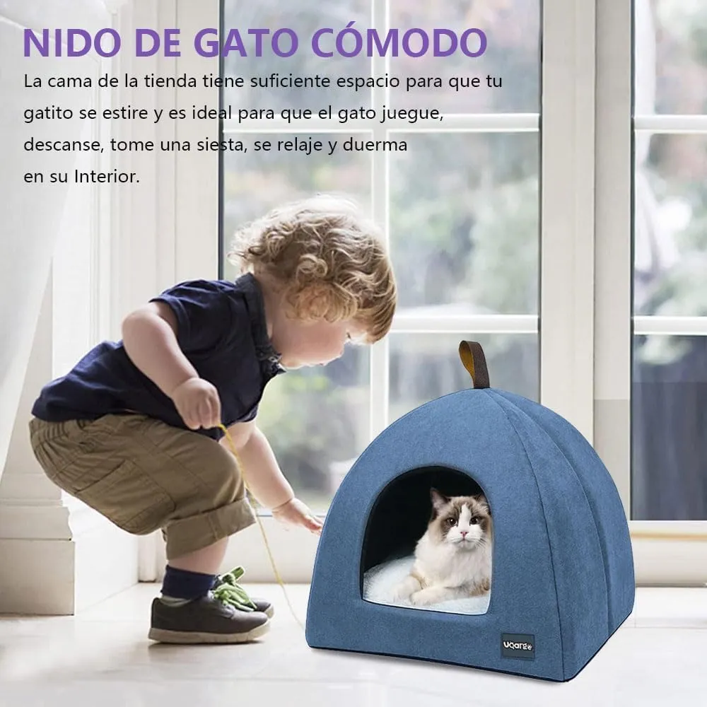 Voarge Letto Grotta per Gatto, Morbido Peluche Caldo, Nido con Cuscino Interno Rimovibile e Lavabile, Blu, Medium - immagine 7