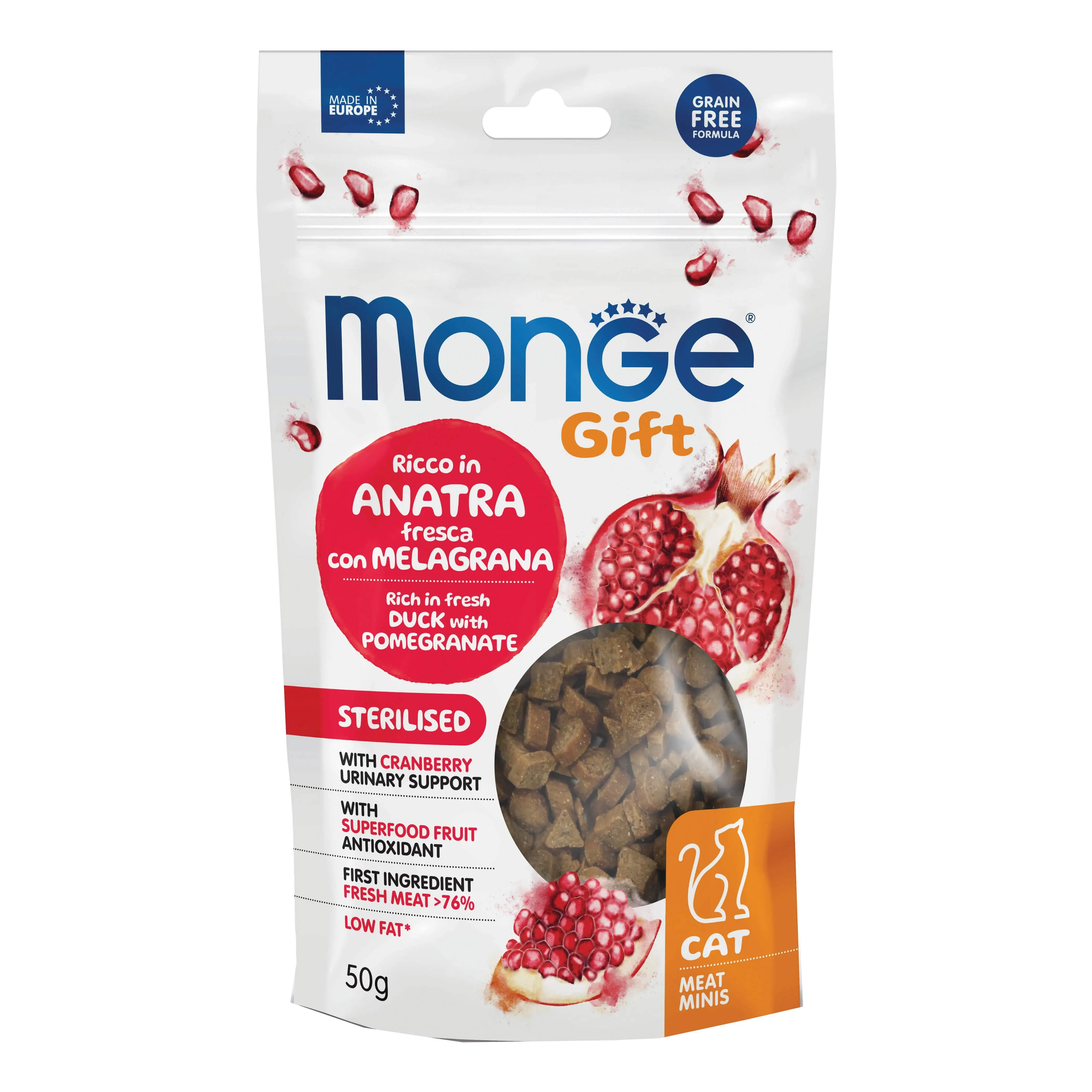 Monge Cat Meat Mins Gift Sterilised Ricco in Anatra Fresca con Melagrana e Mirtilli Rossi 50 g - immagine 1