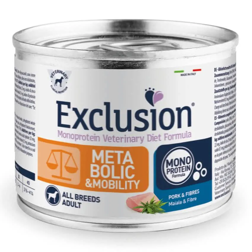 Exclusion monoprotein veterinary diet formula dog metabolic mobility pork and fibres all breeds 200 g canned - immagine 1