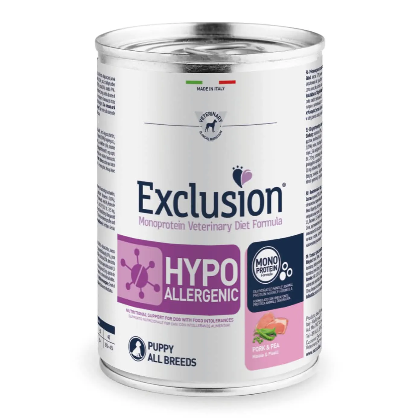 Exclusion monoprotein veterinary diet formula dog hypoallergenic puppy pork and pea 400 g canned - immagine 1