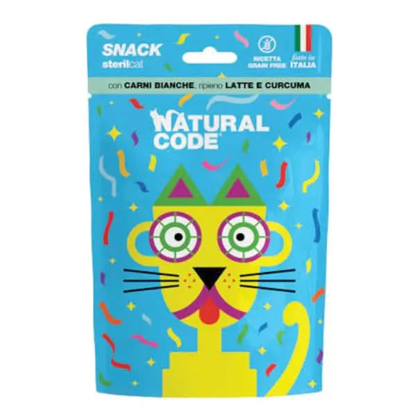 Natural code snack steril carni bianche e curcuma snack gatto busta 60 g - immagine 1