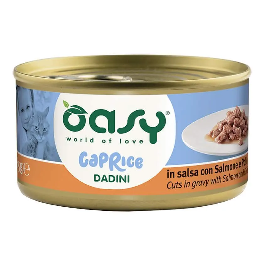 Oasy wet cat caprice dadini con salmone e pollo lattina 85 g - immagine 1