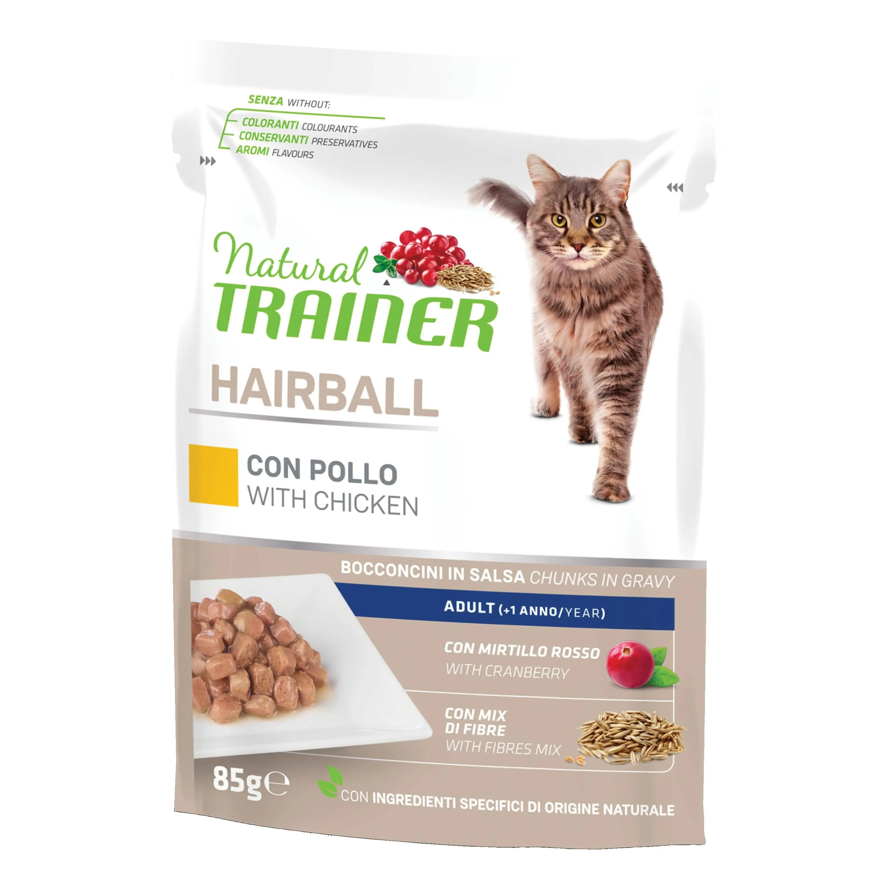 Trainer cat natural umido busta hairball pollo chicken 85 g bocconcini in salsa - immagine 1