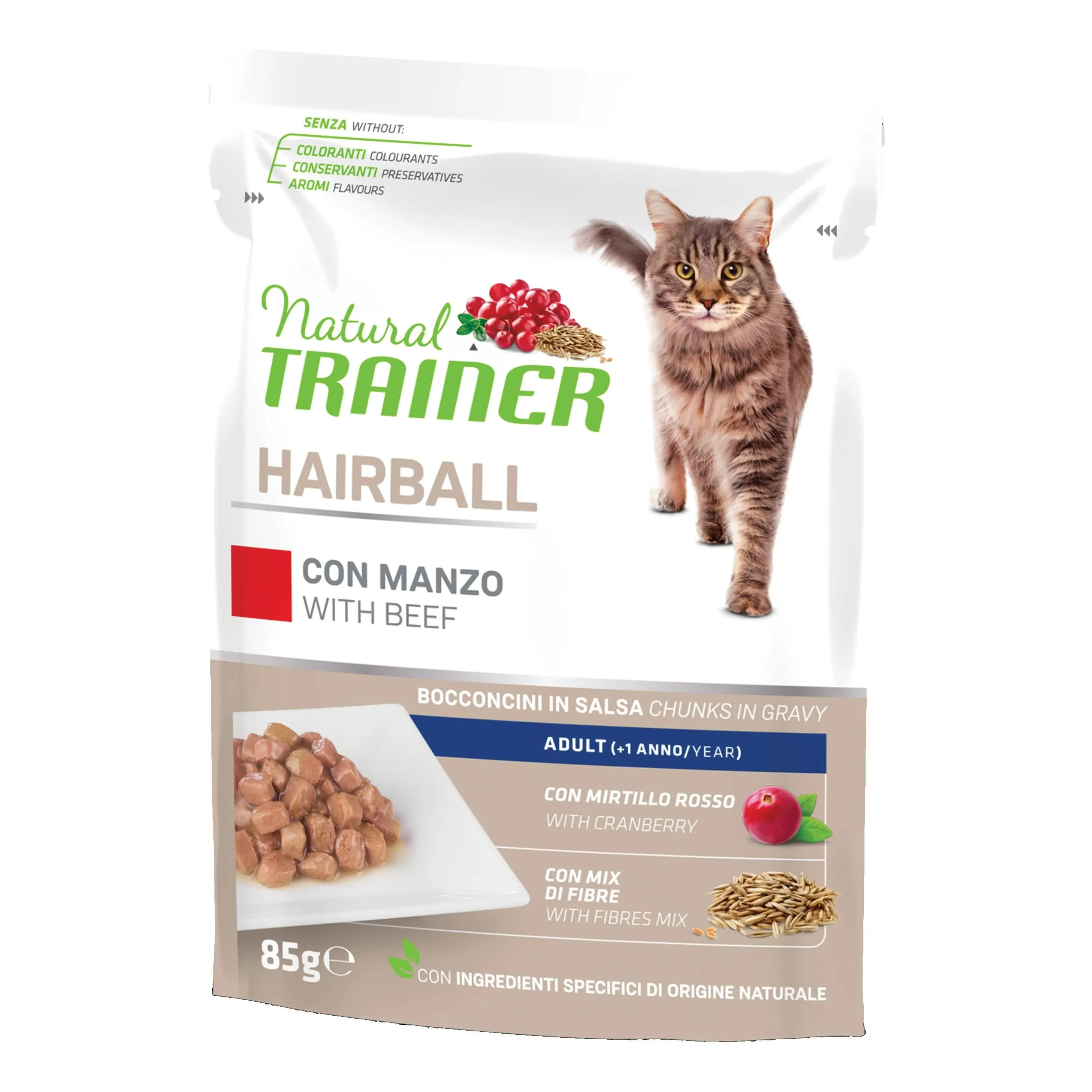 Trainer Cat Naturale Umido Busta Hairball Manzo 85 g Bocconcini in Salsa - immagine 1