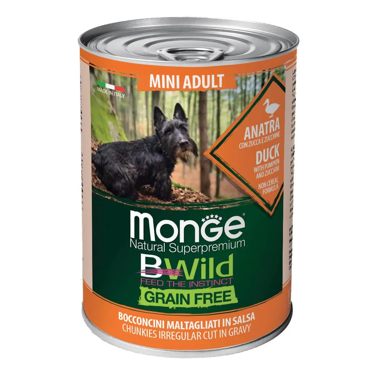 Monge grain free mini adult anatra con zucca e zucchine 400 g - immagine 1