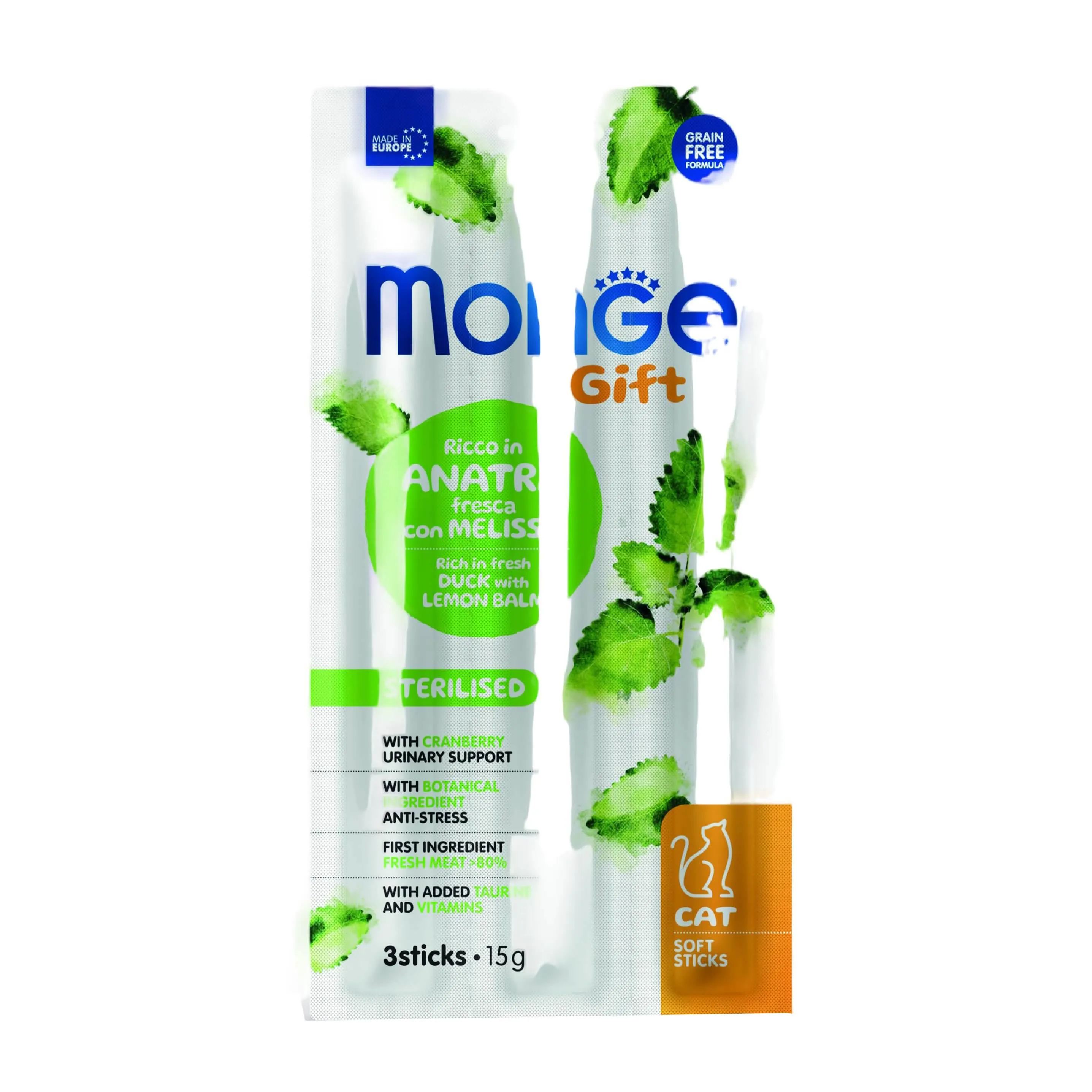 Monge cat soft sticks gift sterilised ricco in anatra fresca con melissa e mirtilli rossi 15 g - immagine 1