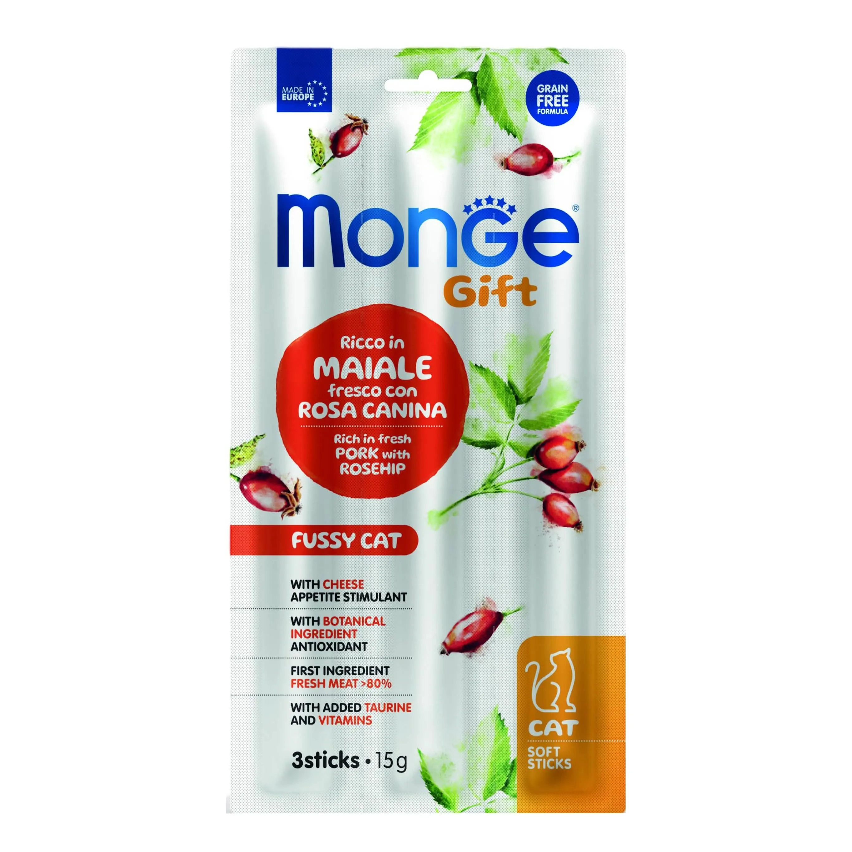 Monge cat soft sticks gift appetito difficile ricco in maiale fresco con rosa canina e formaggio 15 g - immagine 1