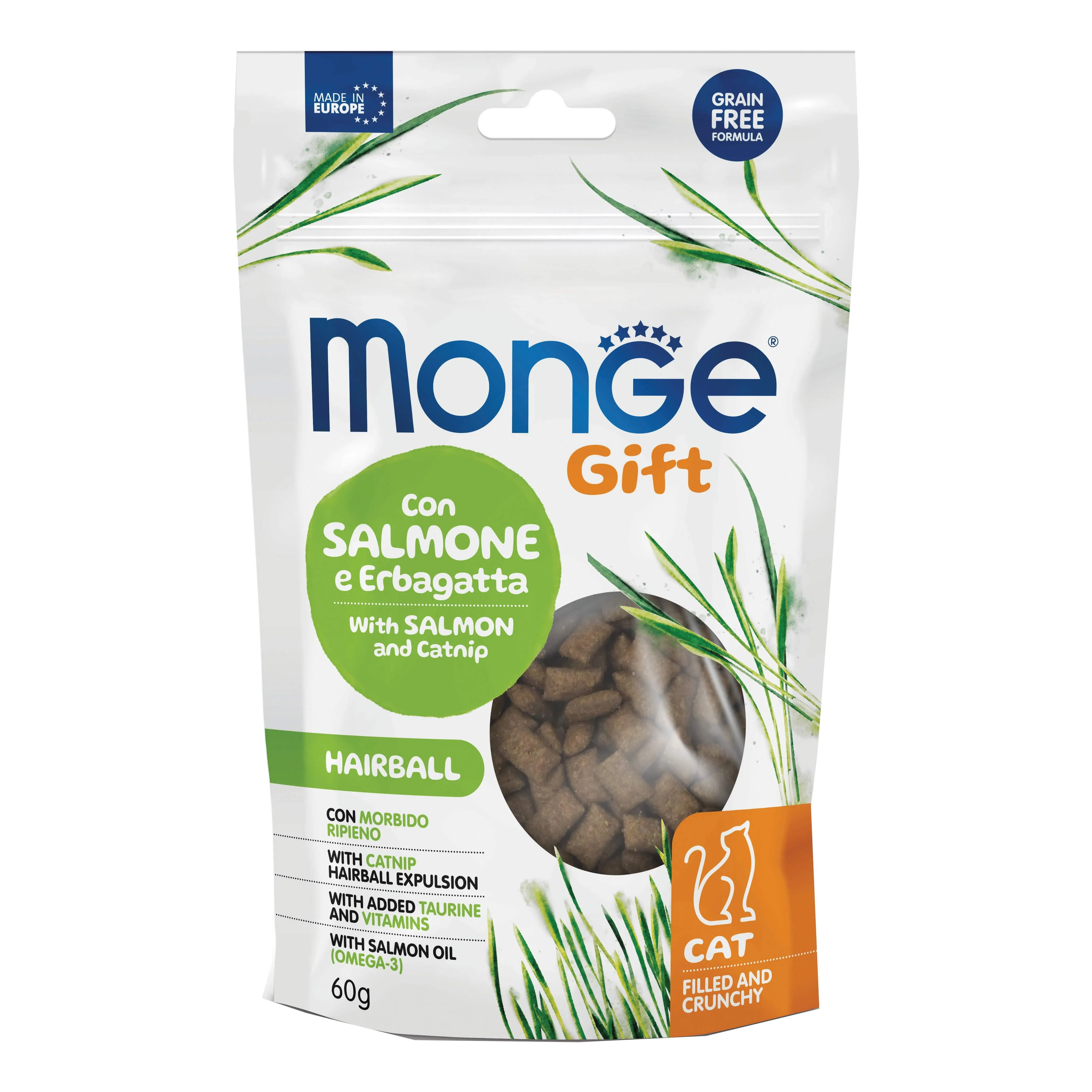 Monge cat filled and crunchy gift hairball con salmone ed erbagatta 60 g - immagine 1
