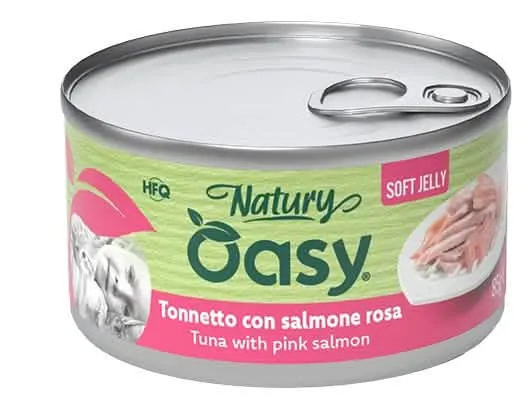Oasy wet cat natury soft jelly tonnetto con salmone rosa lattina 85 g - immagine 1