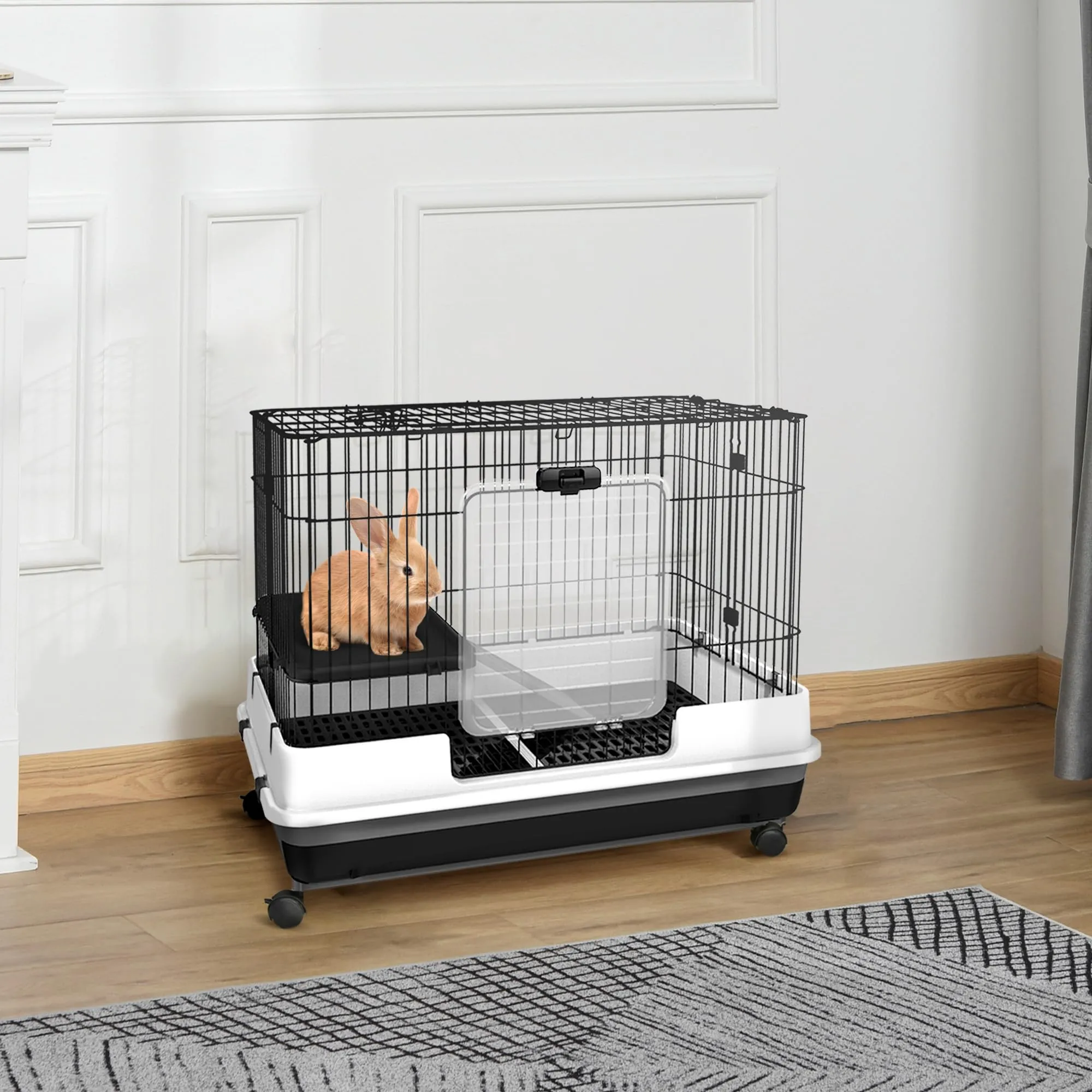 PawHut Gabbietta per Conigli Porcellini d'India 2 Porte 81.2x52.7x70cm Nero - immagine 2