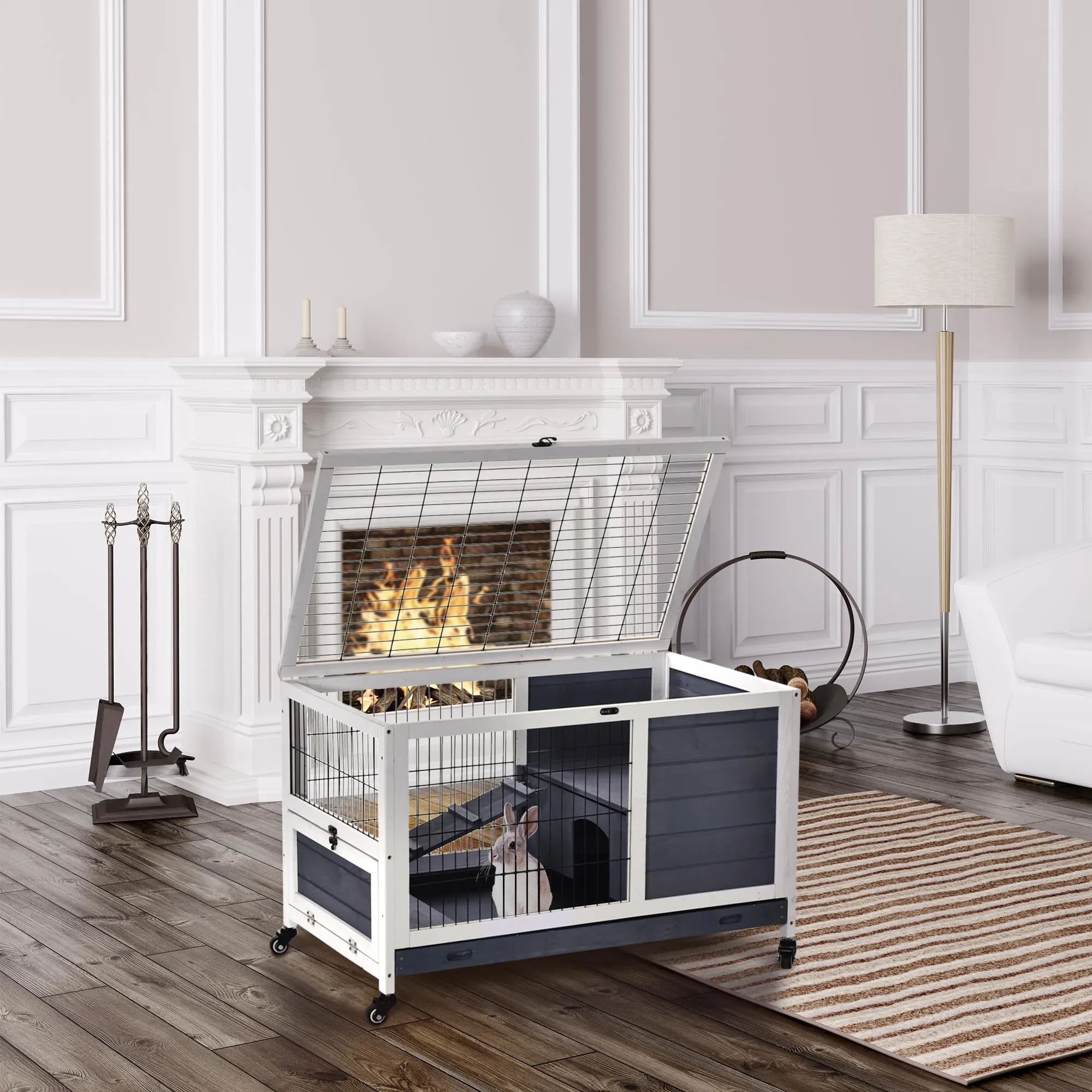 PawHut Gabbietta per Conigli e Porcellini d'India con 4 Ruote Grigio Bianco - immagine 2