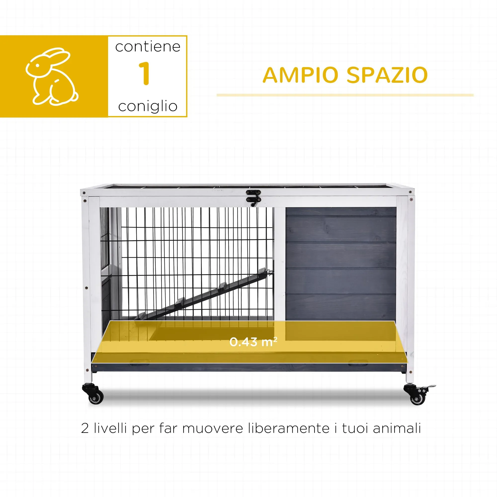 PawHut Gabbietta per Conigli e Porcellini d'India con 4 Ruote Grigio Bianco - immagine 4