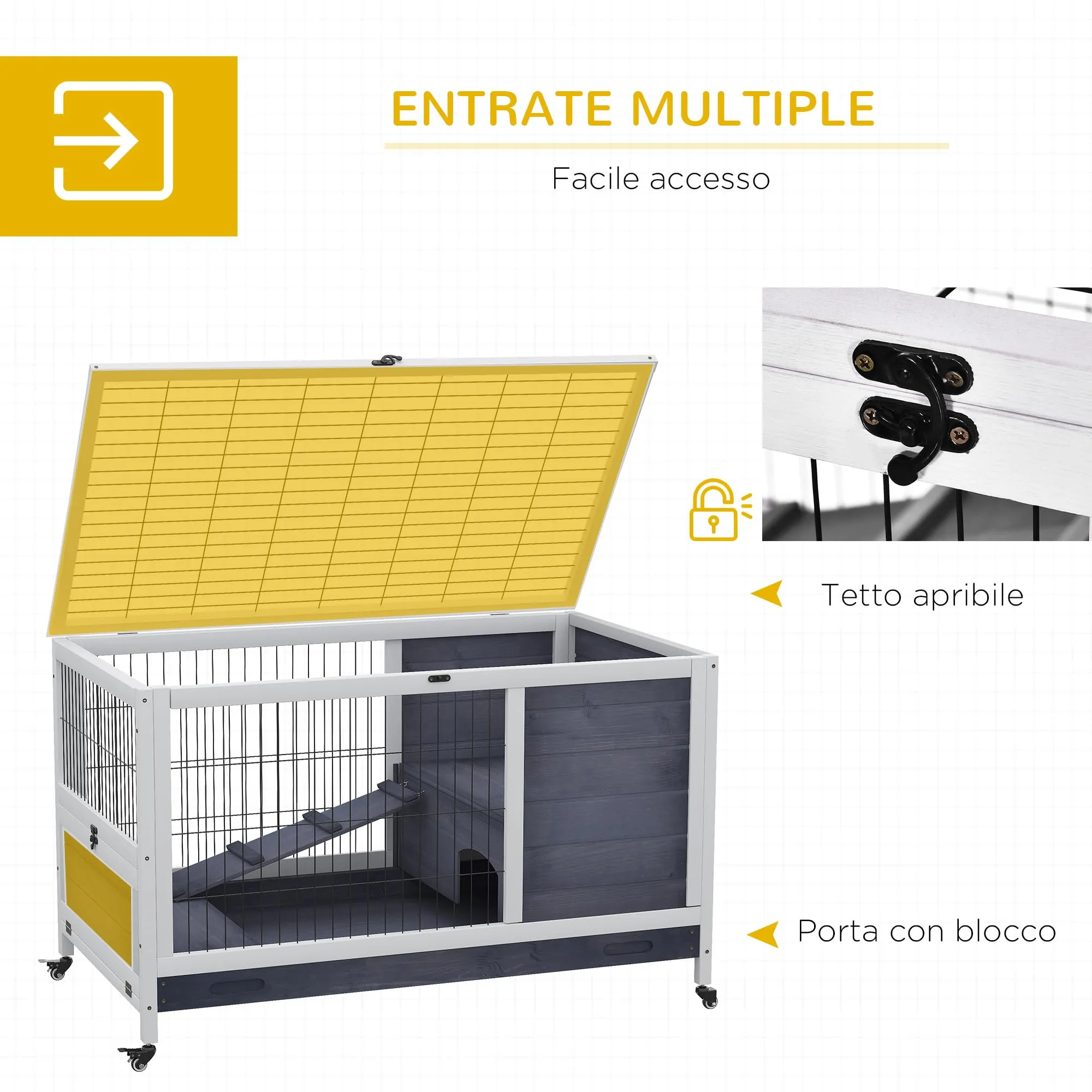 PawHut Gabbietta per Conigli e Porcellini d'India con 4 Ruote Grigio Bianco - immagine 5