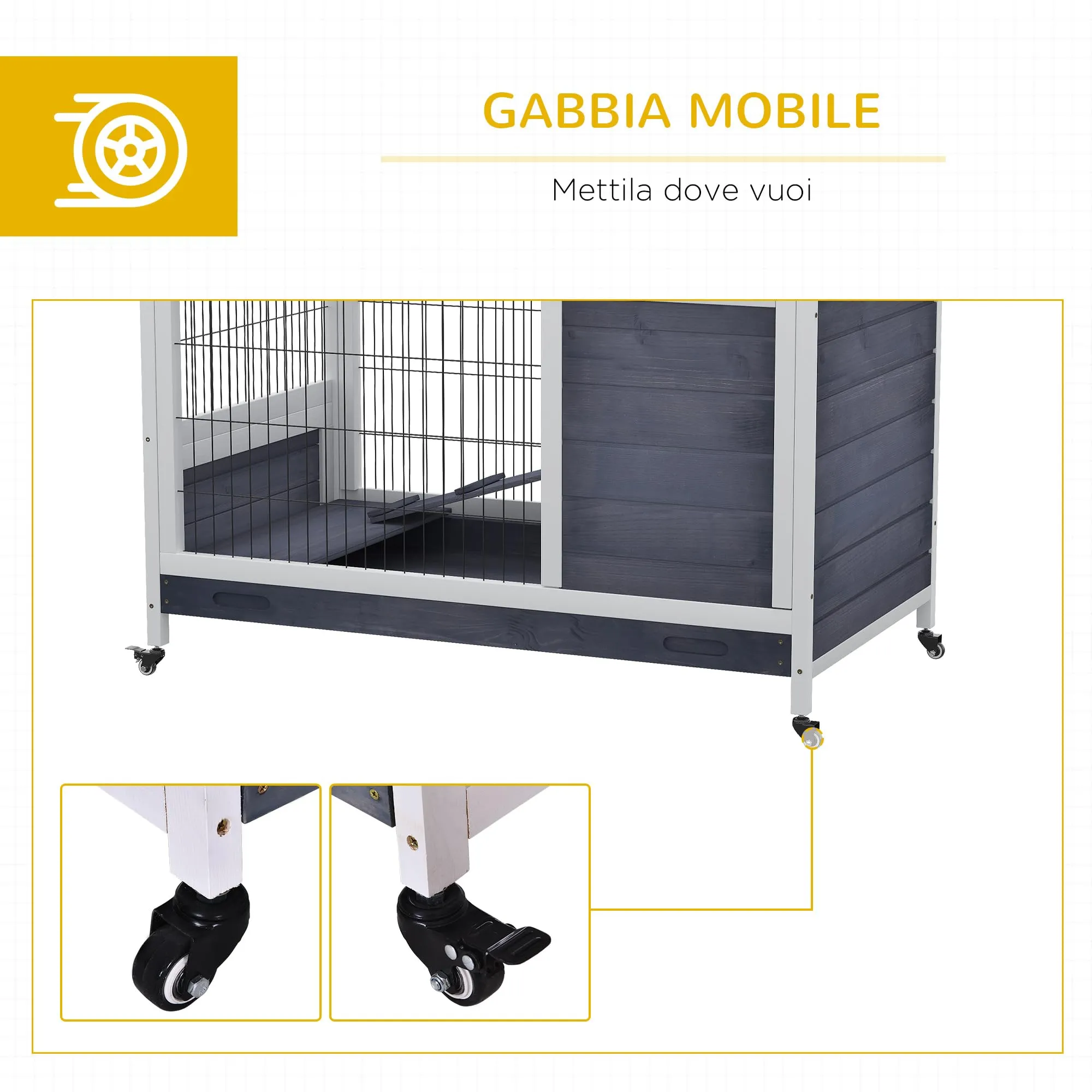 PawHut Gabbietta per Conigli e Porcellini d'India con 4 Ruote Grigio Bianco - immagine 7