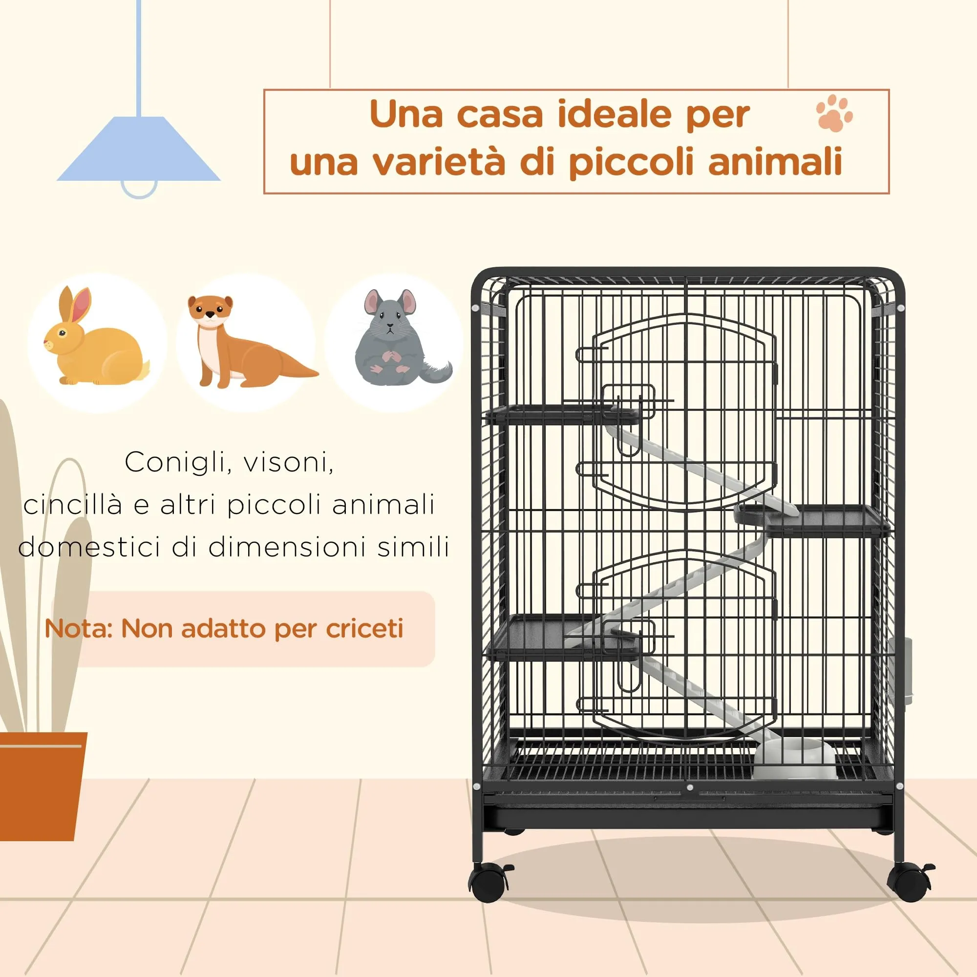 PawHut Gabbia per Piccoli Animali e Piccoli Roditori 61.5x44x95 cm Nero - immagine 3